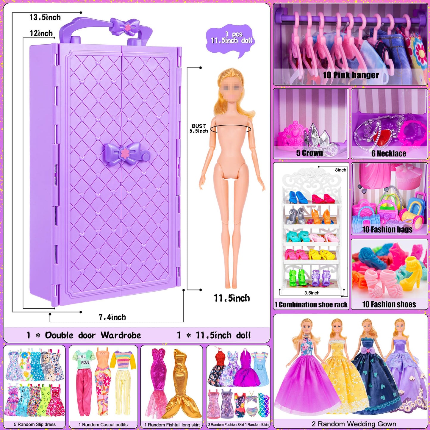 ebuddy 11.5-inch Doll Closet Playset – 101 Pcs with Wardrobe, Shoes Rack & 12 Looks
