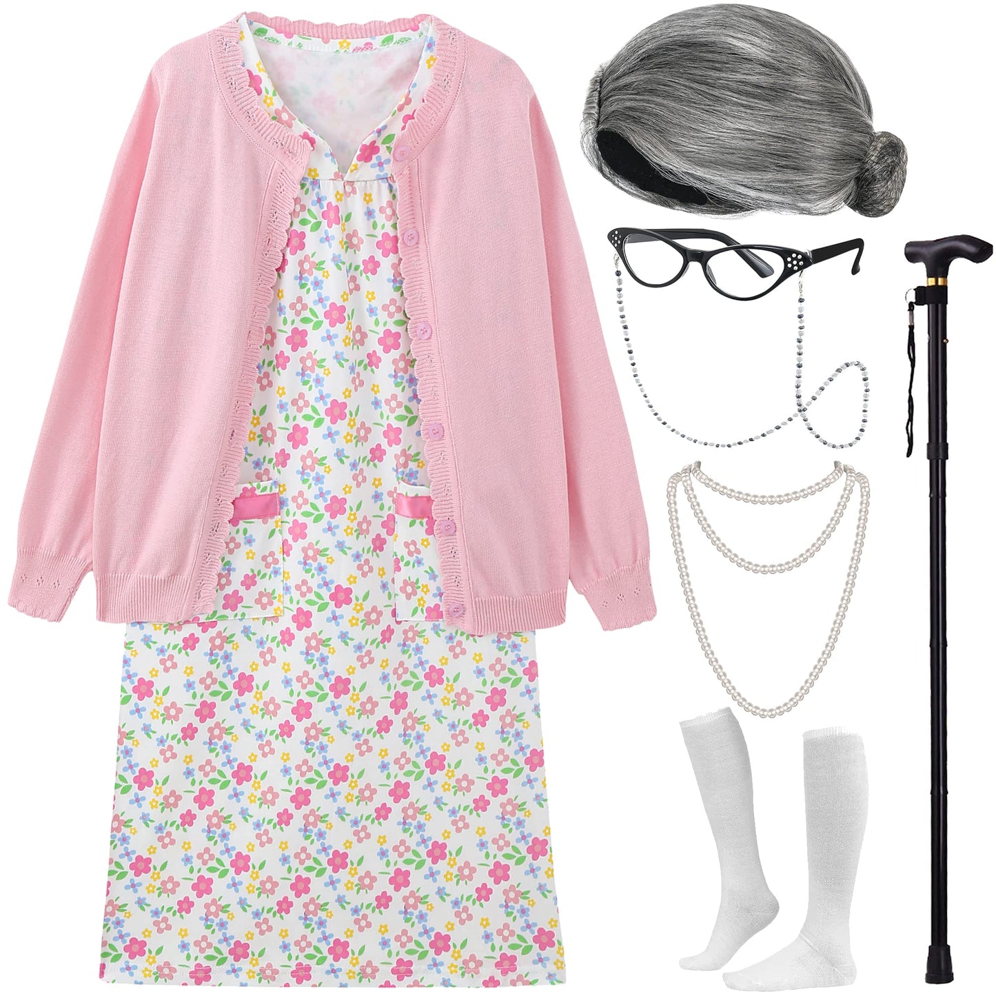 EBYTOP Old Lady Costume for Kids – 3-4 Years Granny Dress Up Set with Wig, Glasses, Cane & Accessories