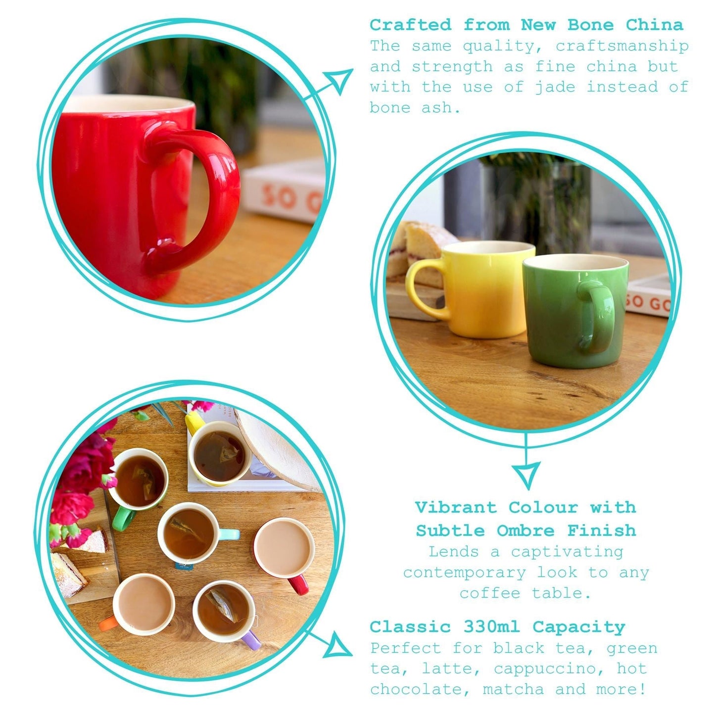 330ml Blue New Bone China Ombre Mugs - Pack of Six