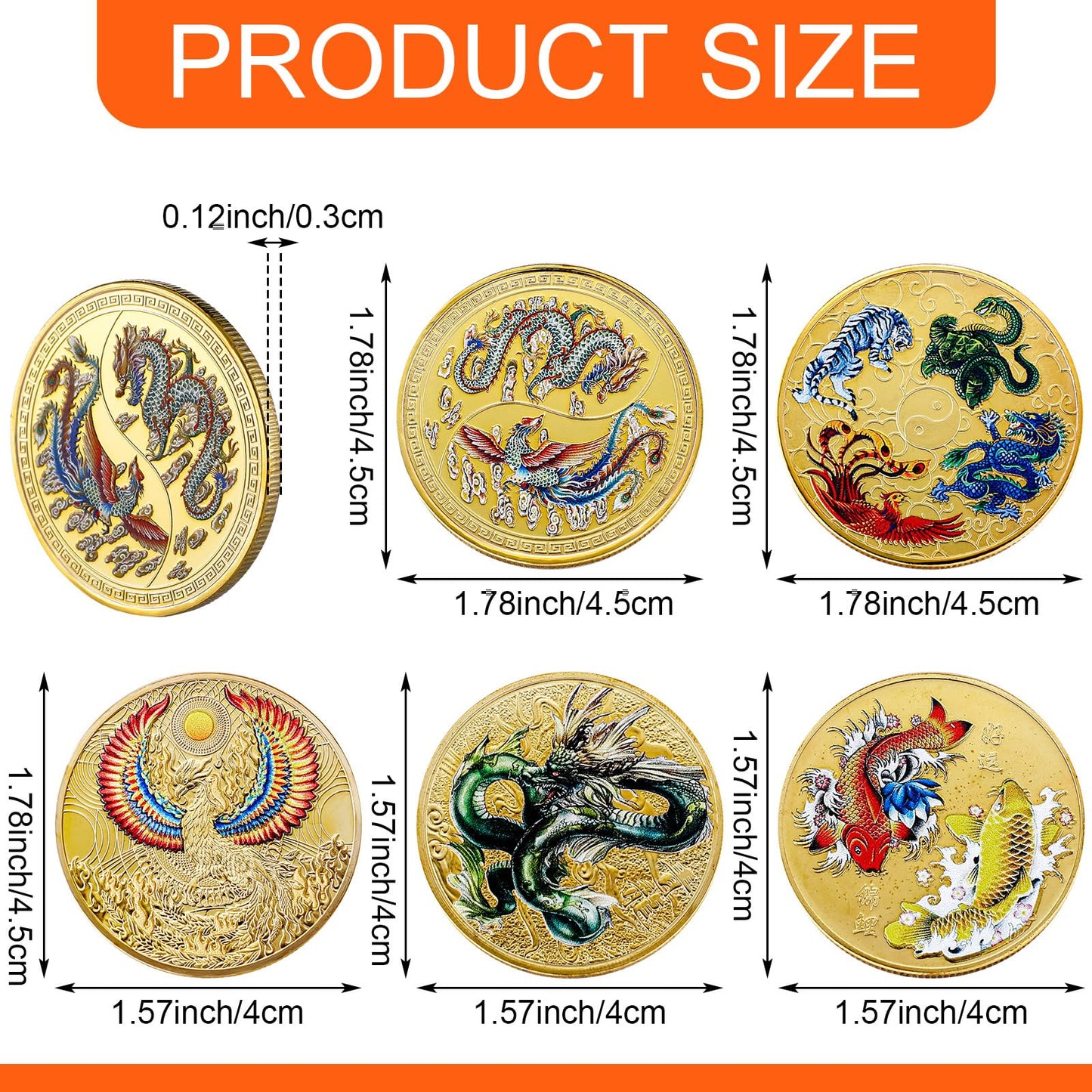 Ecally 5 Piece Chinese Lucky Coin Set Dragon Phoenix White Tiger Tortoise