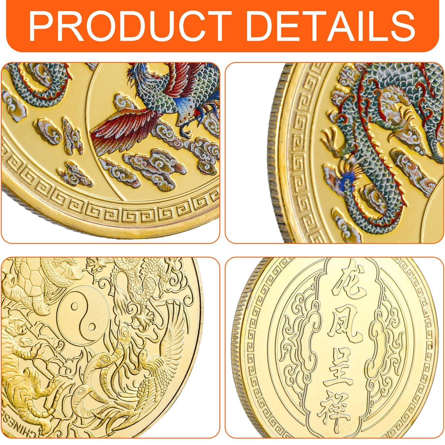 Ecally 5 Piece Chinese Lucky Coin Set Dragon Phoenix White Tiger Tortoise