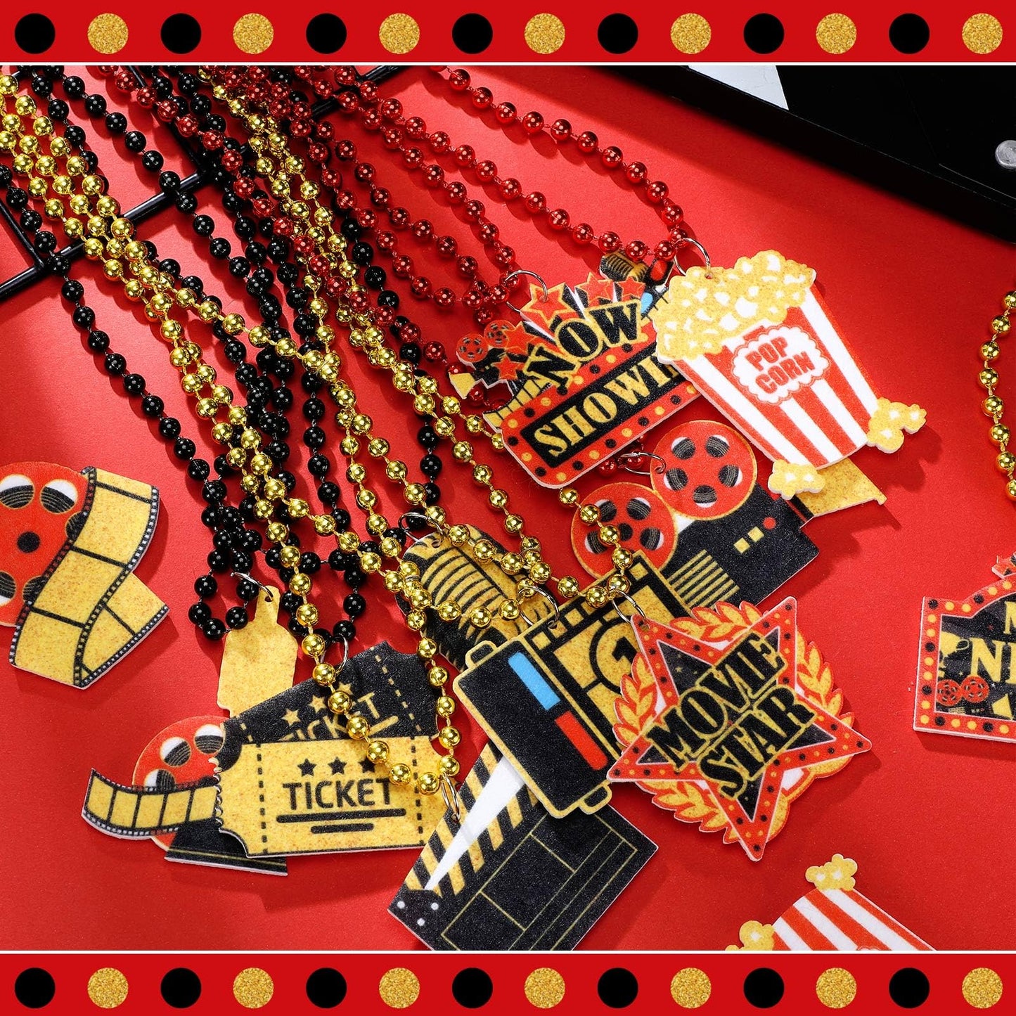 Ecally 36 Pcs Movie Night Beaded Necklaces – Red, Black & Gold Now Showing Ticket Kit