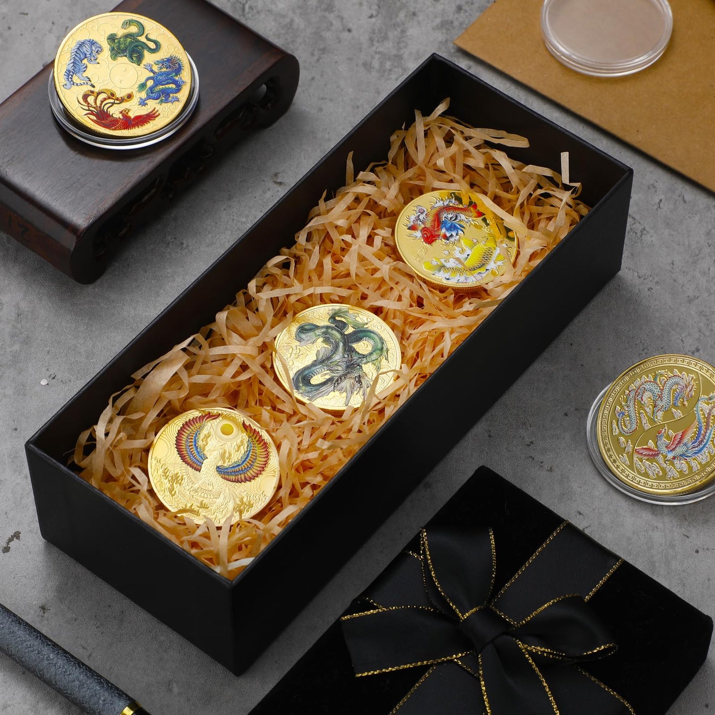 Ecally 5 Piece Chinese Lucky Coin Set Dragon Phoenix White Tiger Tortoise
