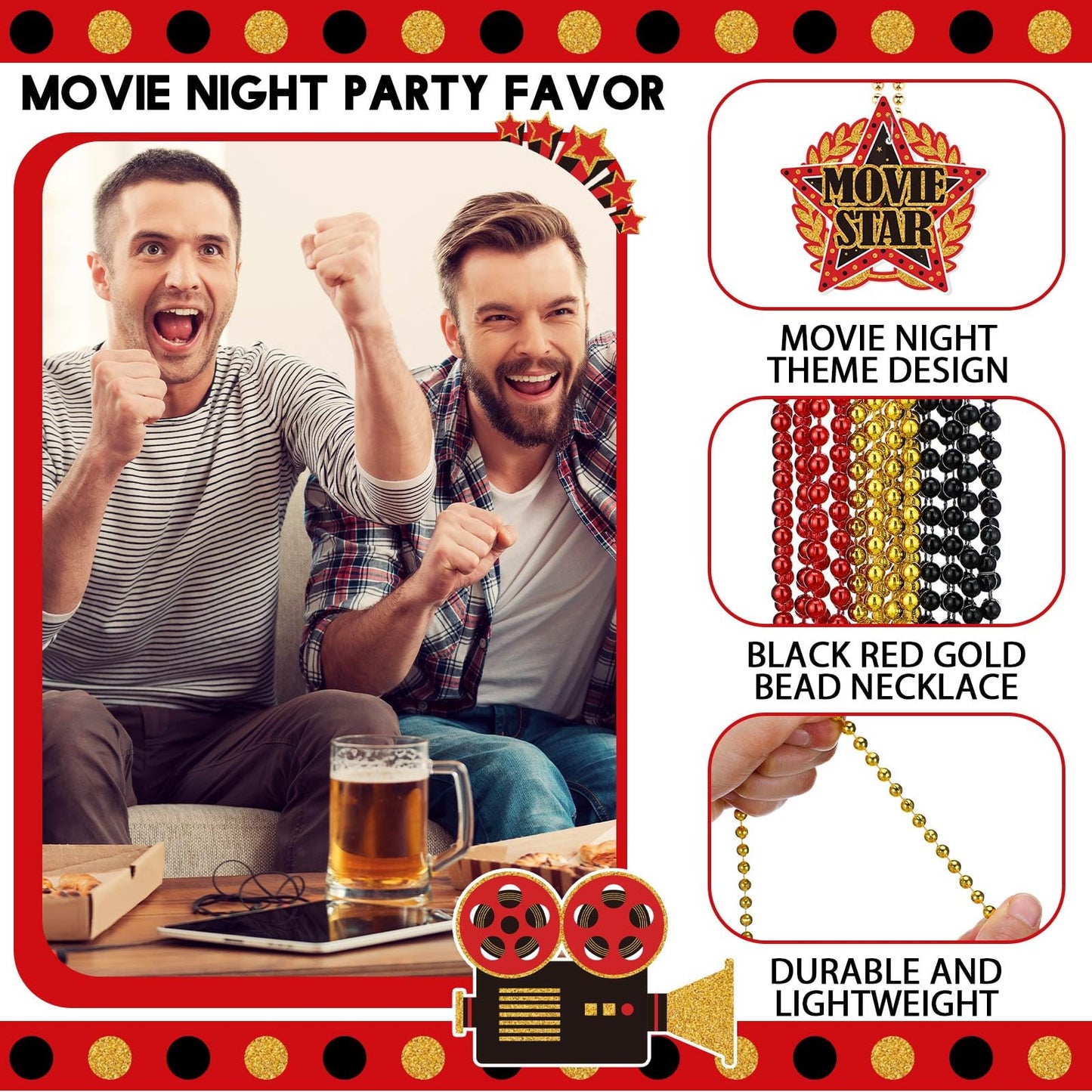 Ecally 36 Pcs Movie Night Beaded Necklaces – Red, Black & Gold Now Showing Ticket Kit