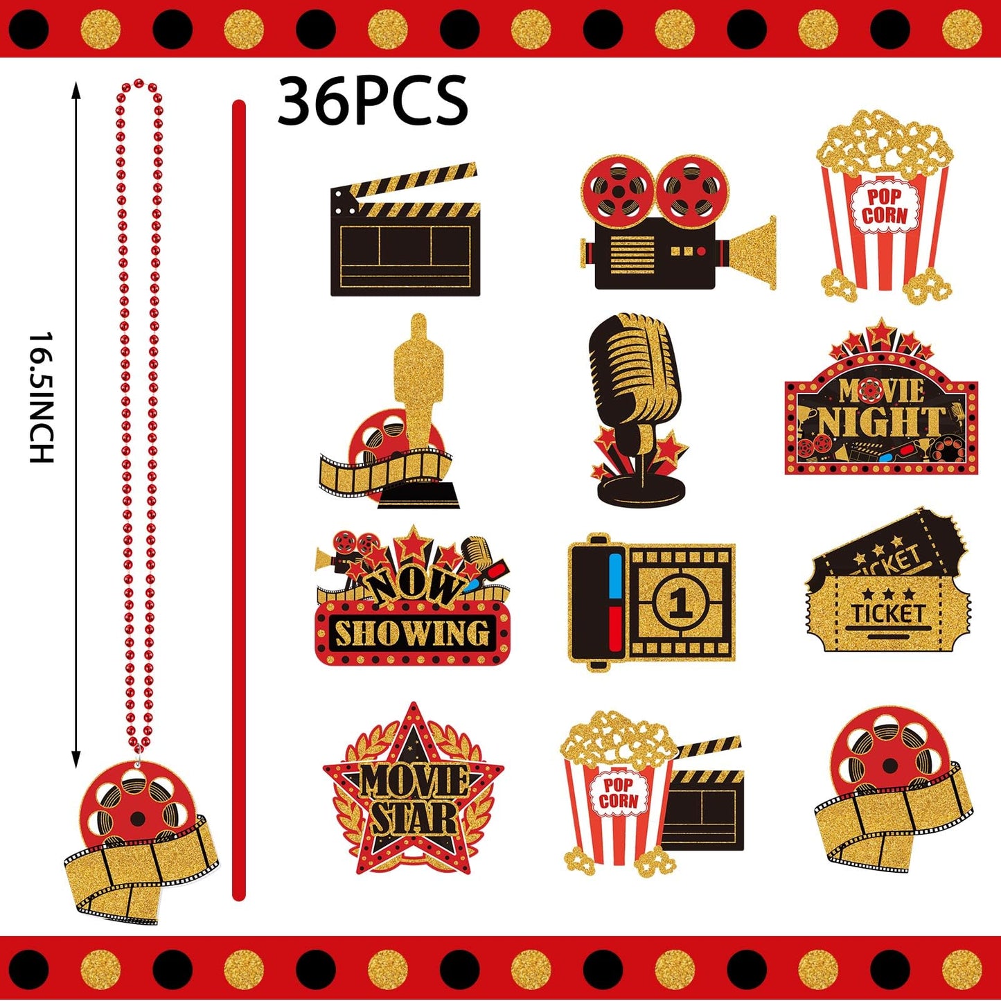 Ecally 36 Pcs Movie Night Beaded Necklaces – Red, Black & Gold Now Showing Ticket Kit