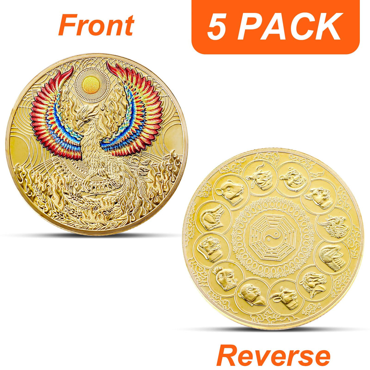 Ecally 5 Piece Chinese Lucky Coin Set Dragon Phoenix White Tiger Tortoise