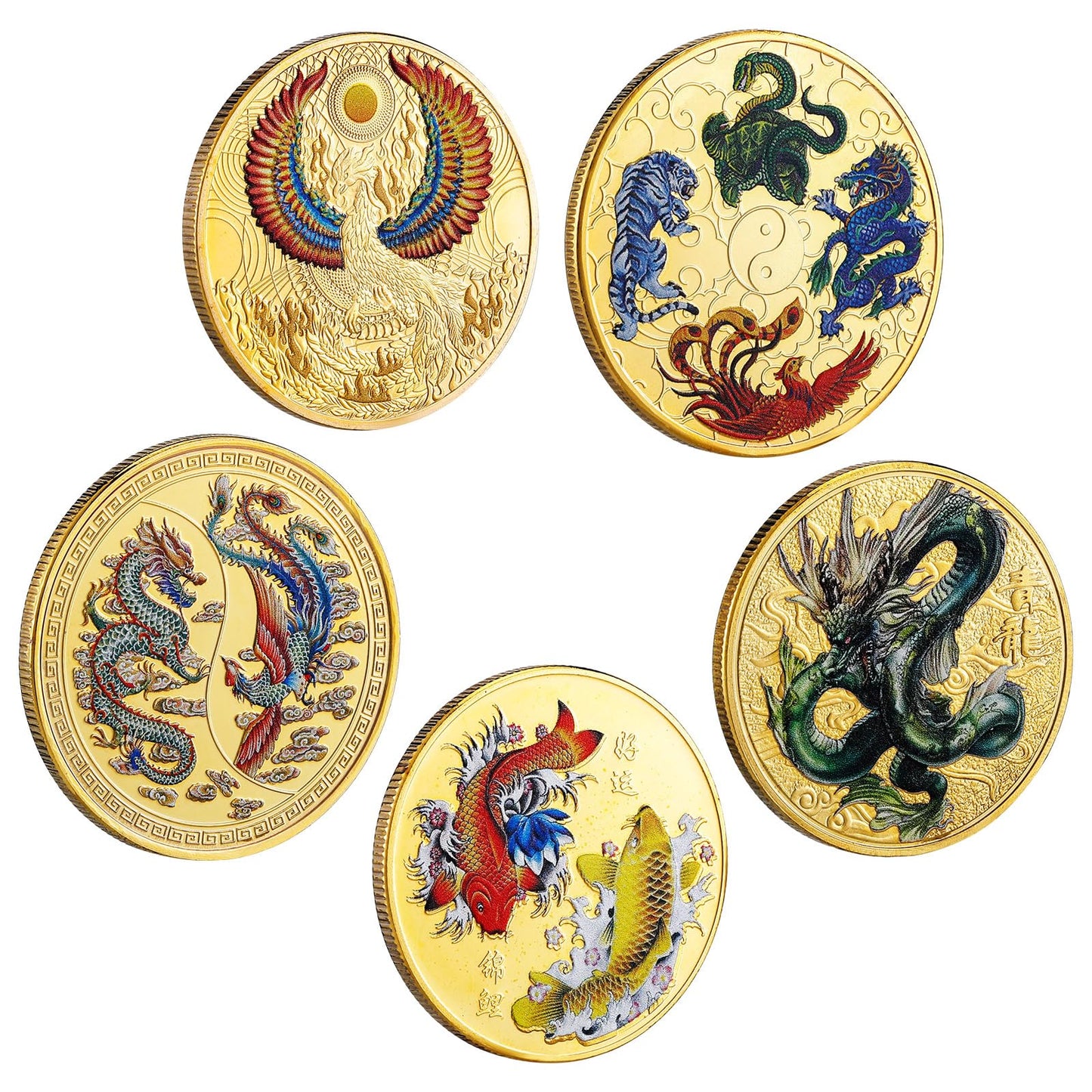 Ecally 5 Piece Chinese Lucky Coin Set Dragon Phoenix White Tiger Tortoise