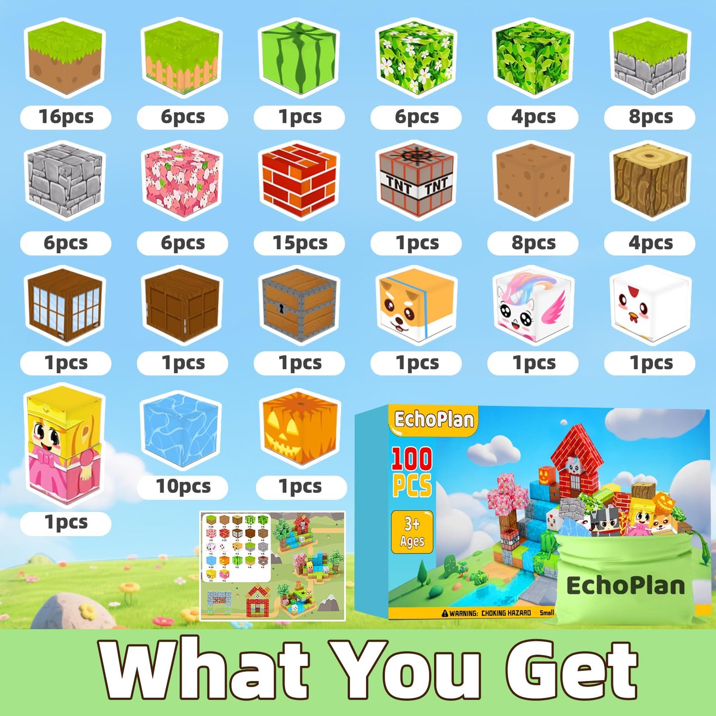 EchoPlan Magnetic Blocks 100-Piece Set | STEM Sensory Building Toys for Kids Aged 3+