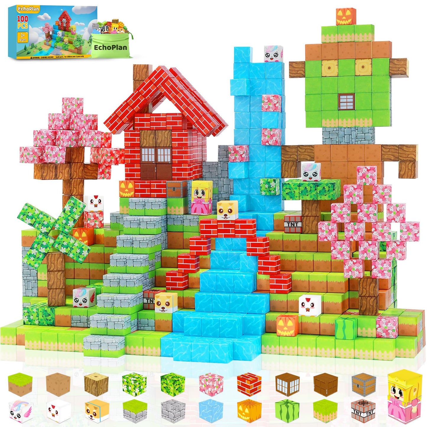 EchoPlan Magnetic Blocks 100-Piece Set | STEM Sensory Building Toys for Kids Aged 3+