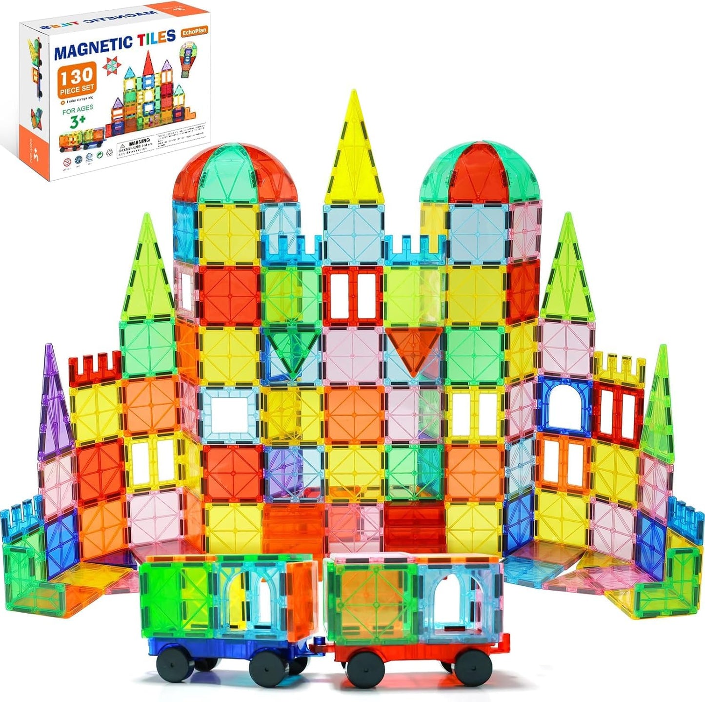 EchoPlan Magnetic Tiles 130pcs – STEM Building Blocks with 2 Cars
