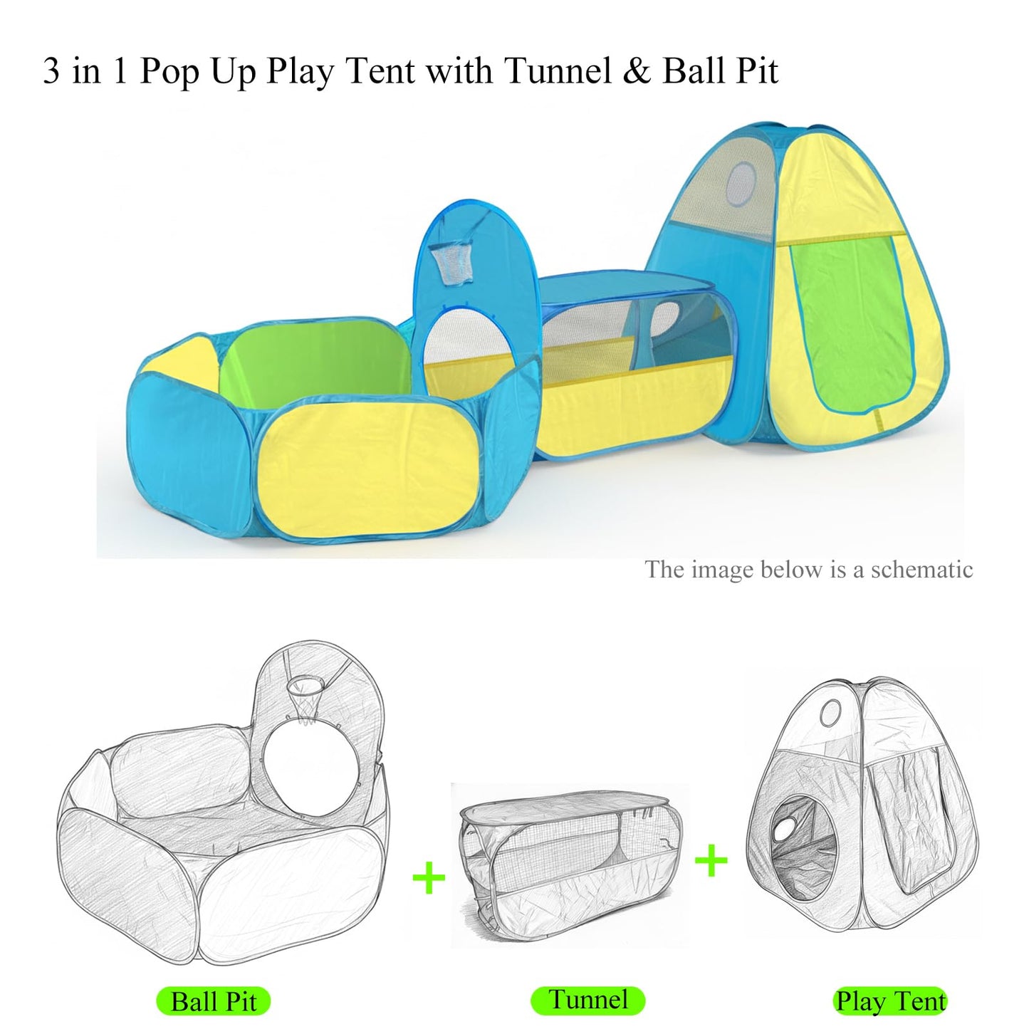 Eclathex 3-in-1 Kids Play Tent with Tunnel & Ball Pit | Pop-Up Indoor/Outdoor Playhouse