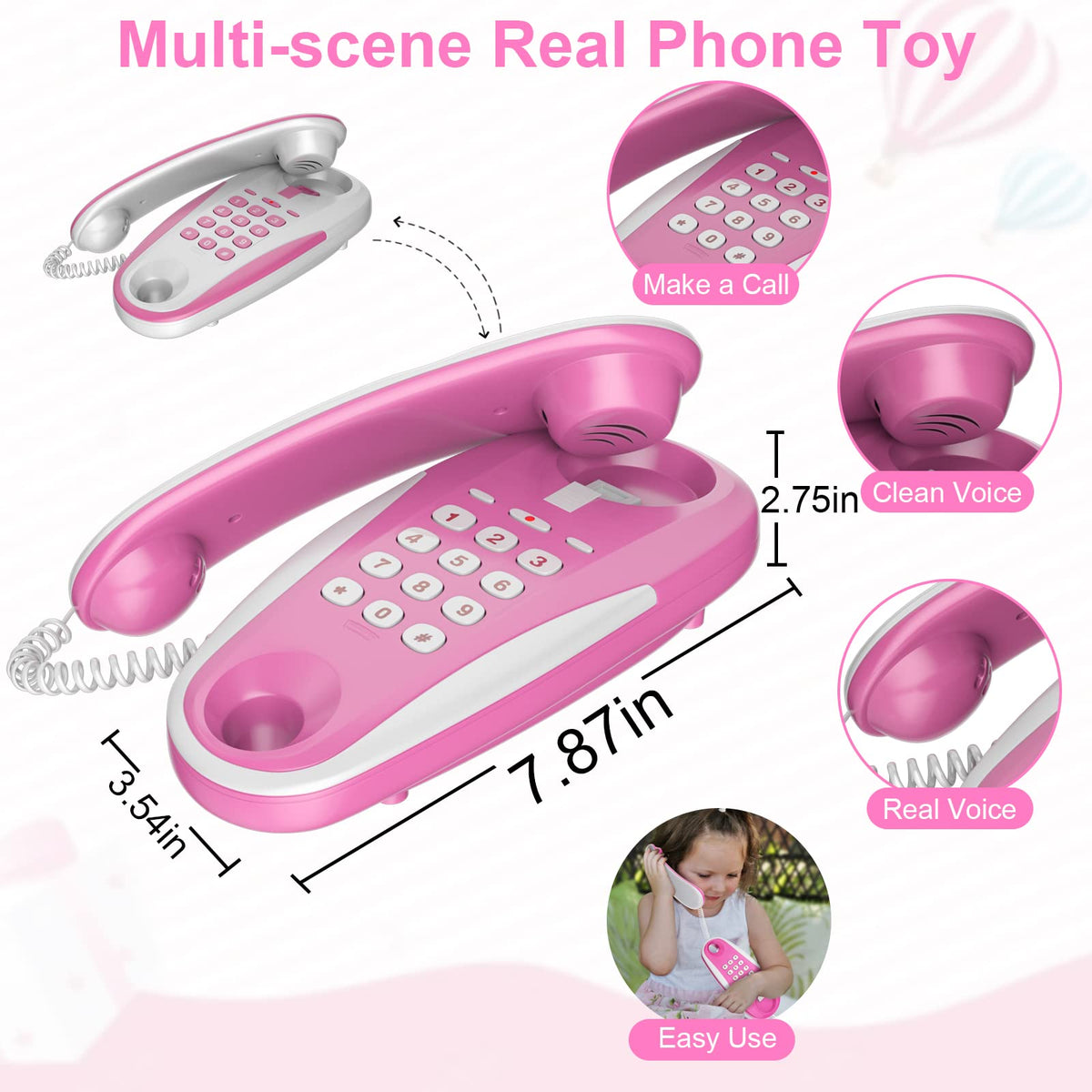 ECLENYES Kids Play Phone with Real Ring Sounds – 23 ft Line, Pretend Play Toy