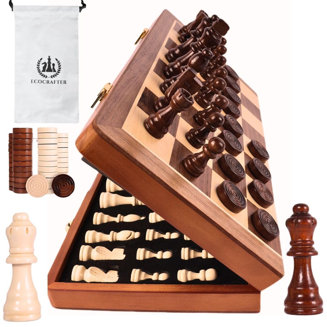 ECOCRAFTER 15'' 2-in-1 Magnetic Chess & Checkers Set – Foldable, Extra Queens, Storage Bag