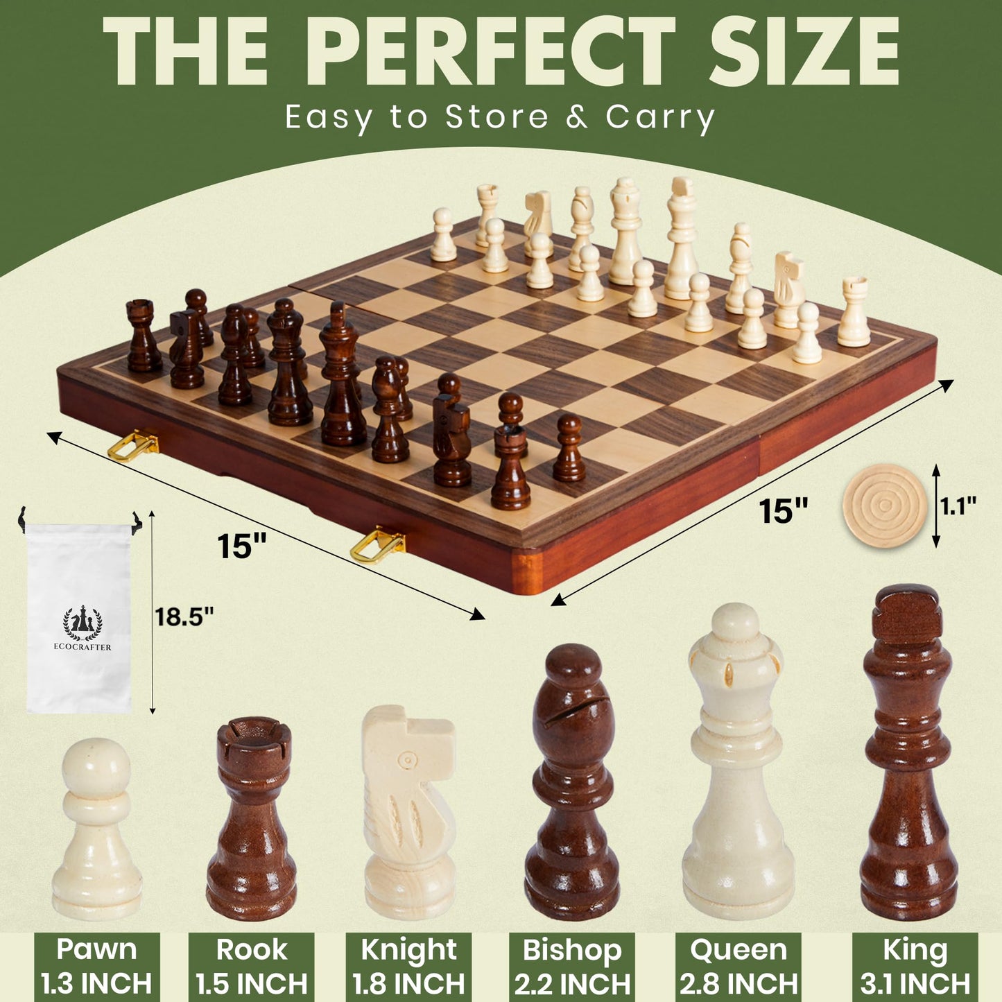 ECOCRAFTER 15'' 2-in-1 Magnetic Chess & Checkers Set – Foldable, Extra Queens, Storage Bag