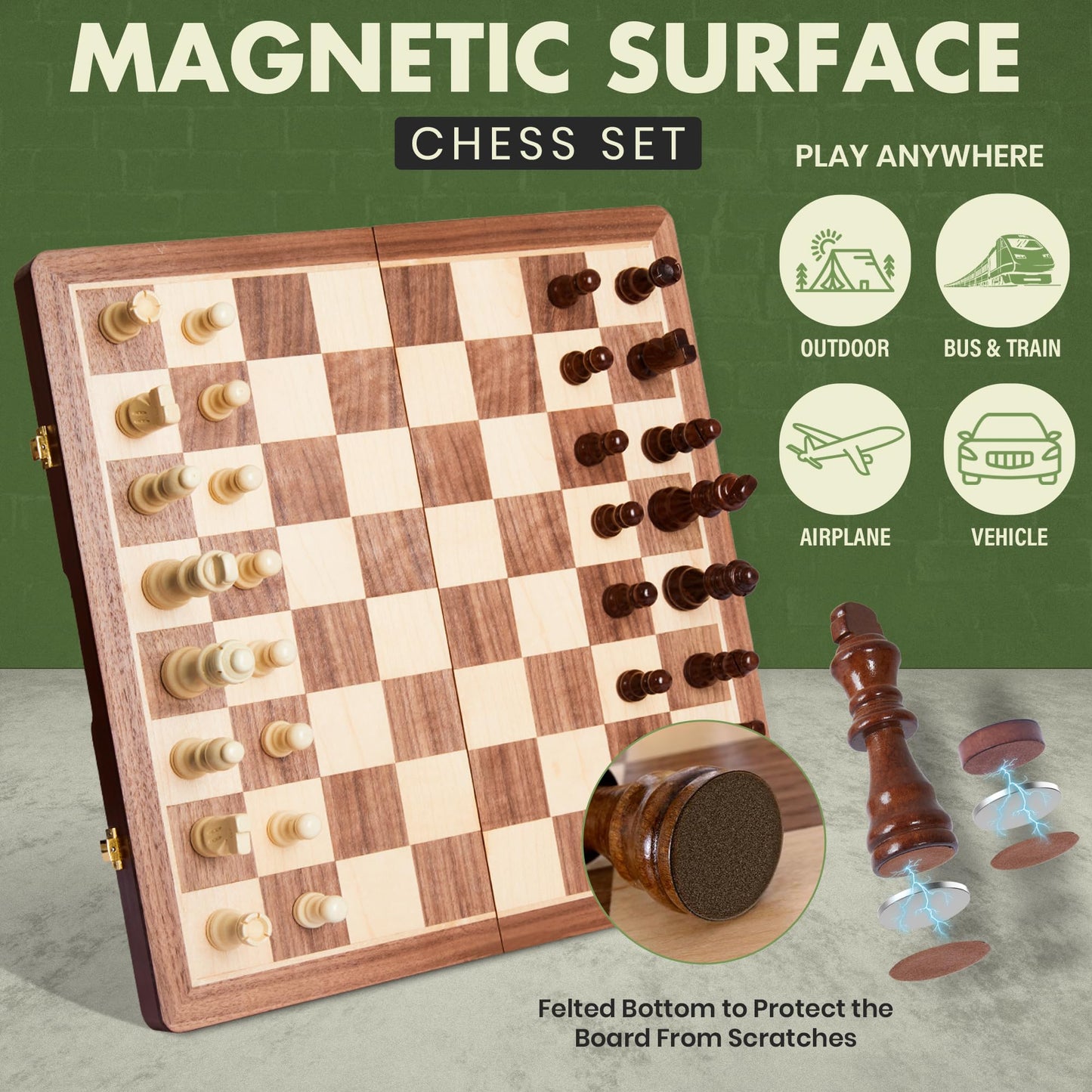 ECOCRAFTER 15'' 2-in-1 Magnetic Chess & Checkers Set – Foldable, Extra Queens, Storage Bag