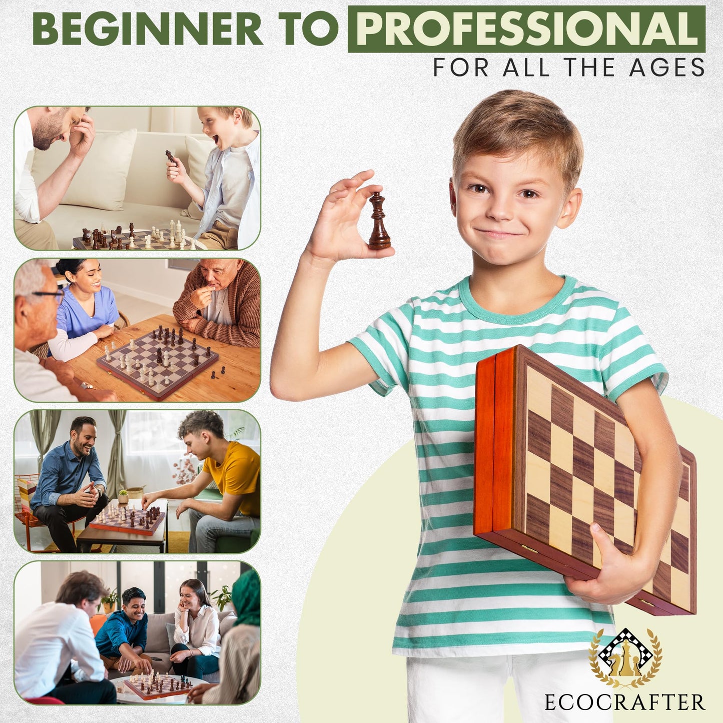 ECOCRAFTER 15'' 2-in-1 Magnetic Chess & Checkers Set – Foldable, Extra Queens, Storage Bag