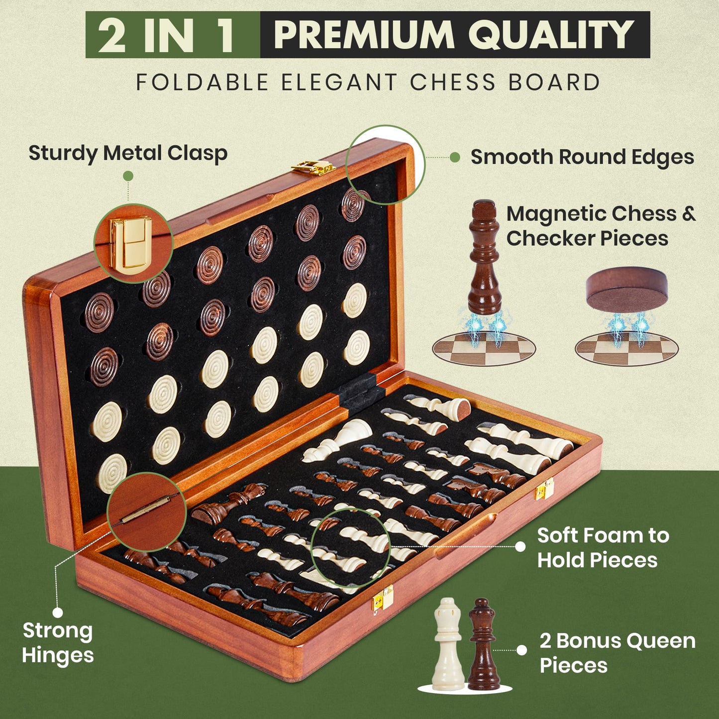 ECOCRAFTER 15'' 2-in-1 Magnetic Chess & Checkers Set – Foldable, Extra Queens, Storage Bag