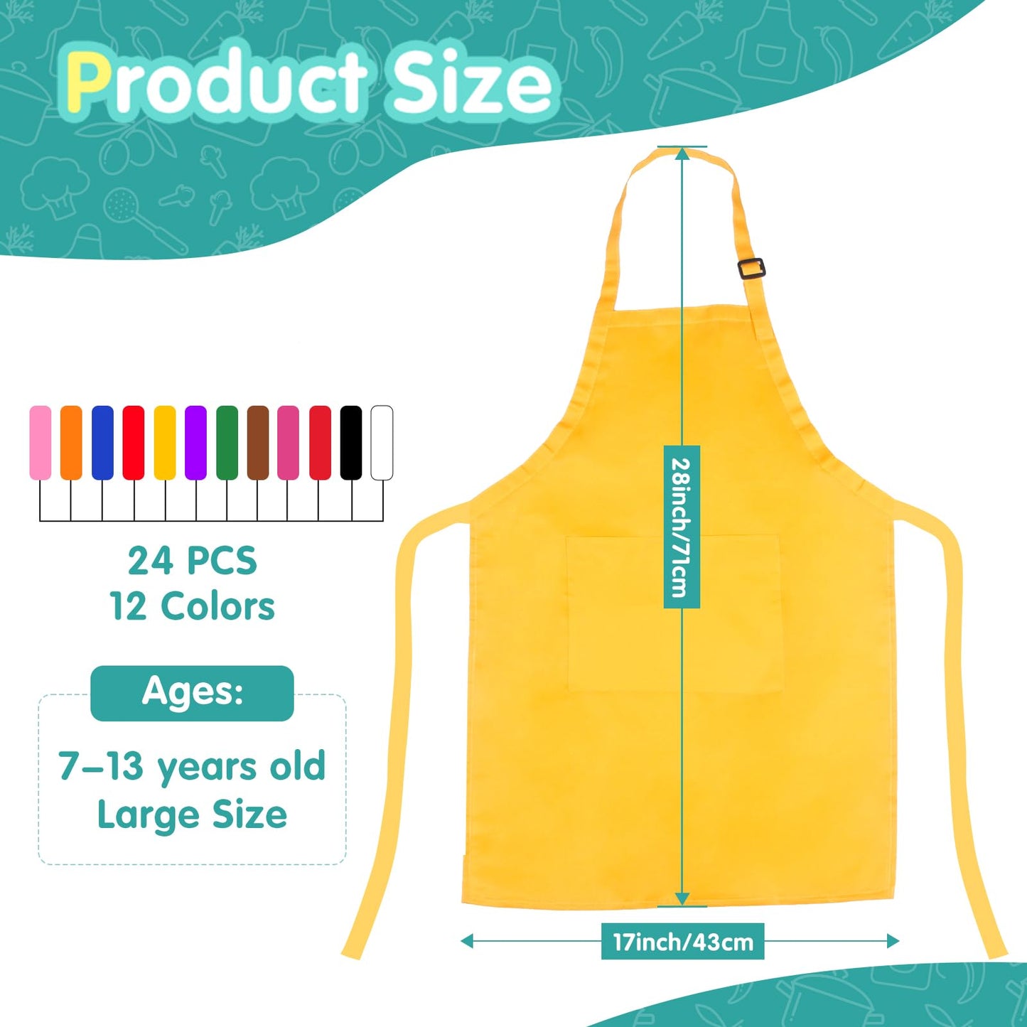 Ecoofor 24-Piece XL Kids Apron Set – 12 Colors for Ages 7-13 | Cooking, Baking & Painting