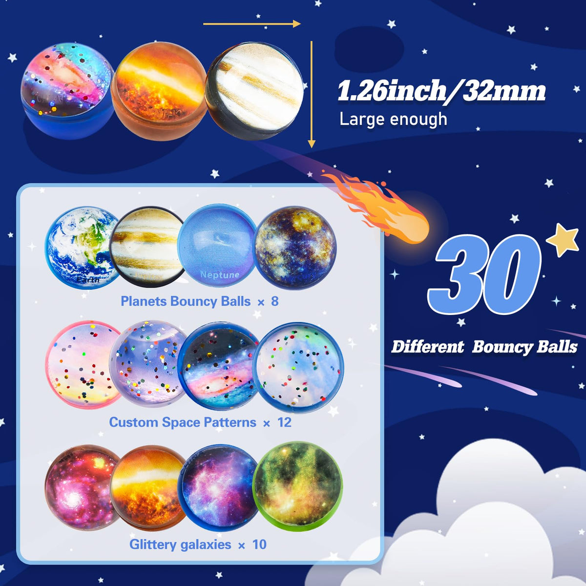 Ecoofor Galaxy Bouncy Balls 32mm – 30-Pack Space-Themed Party Favors