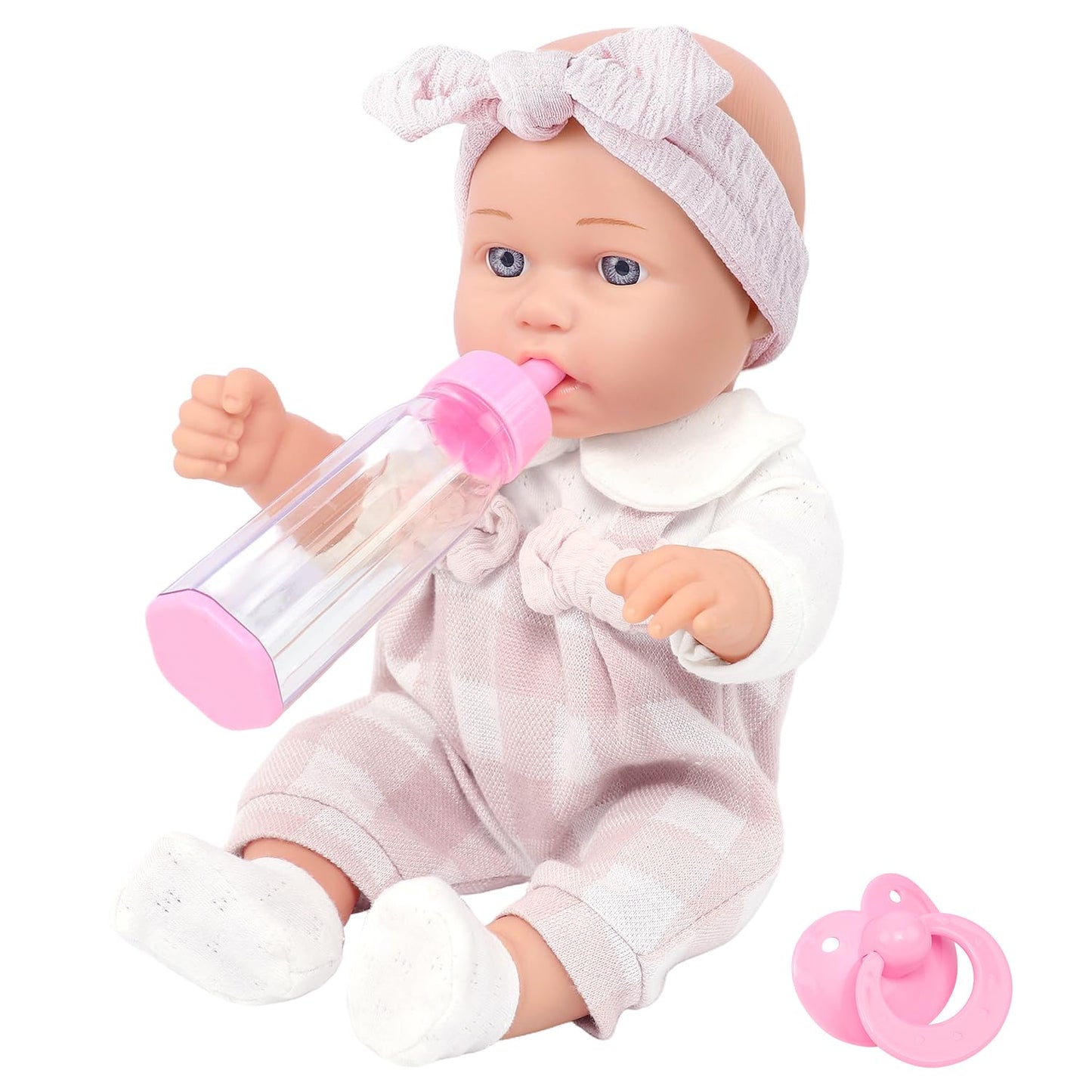 Ecore Fun 12 Inch Baby Doll Playset – 6-Piece Outfit & Accessories (Pink Romper, Headband, Socks, Pacifier, Bottle) | Gift Ready