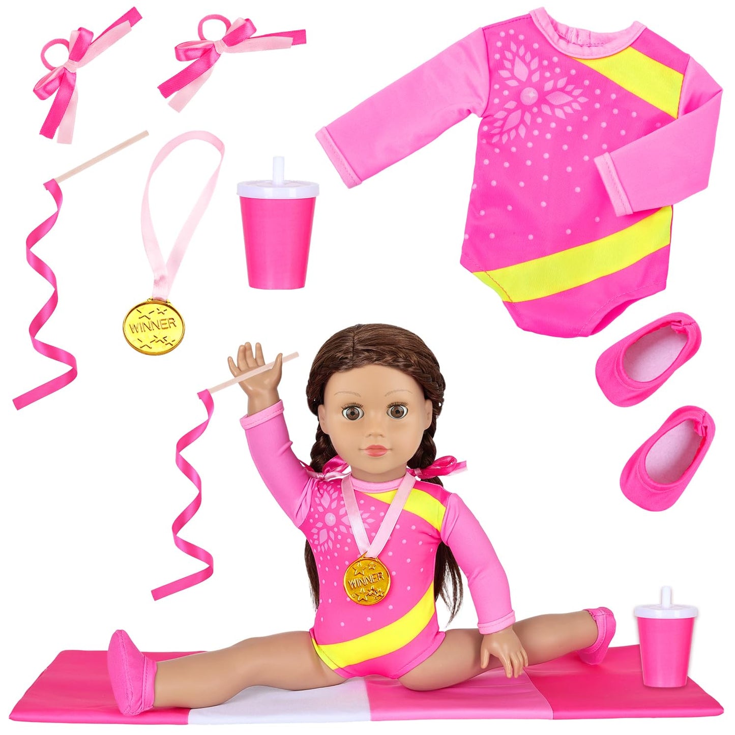 Ecore Fun 18 Inch Doll Gymnastics Outfit Set – 8 Pcs Clothes & Accessories