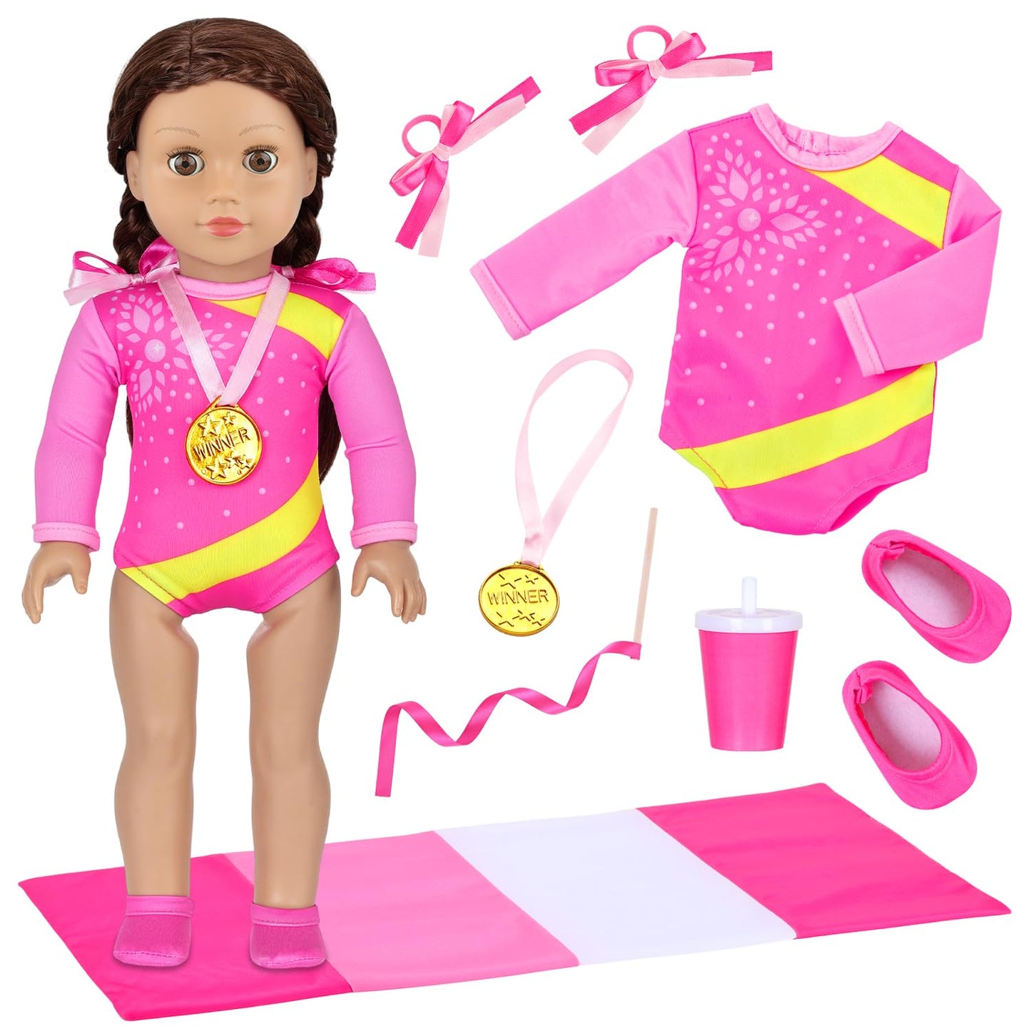Ecore Fun 18 Inch Doll Gymnastics Outfit Set – 8 Pcs Clothes & Accessories