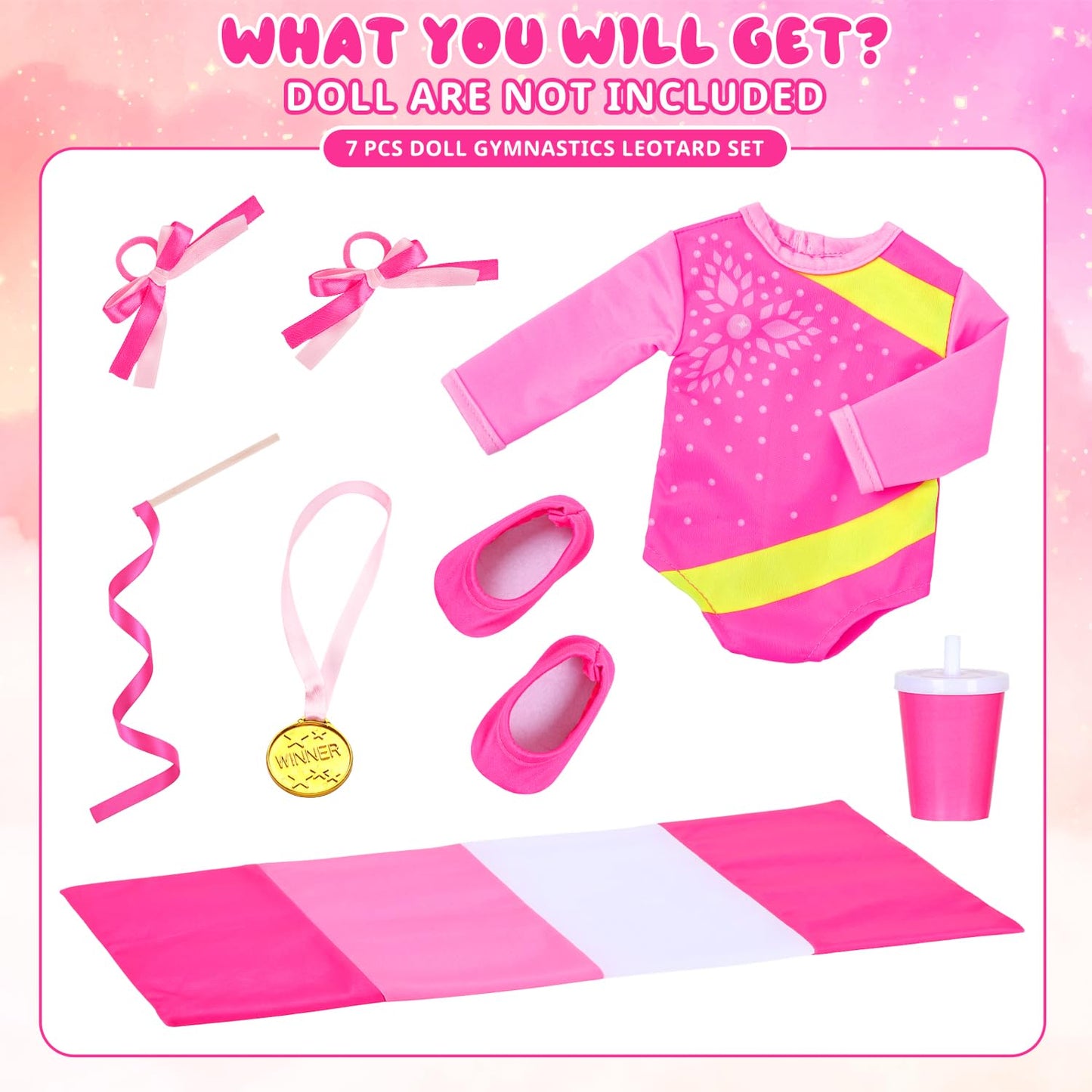 Ecore Fun 18 Inch Doll Gymnastics Outfit Set – 8 Pcs Clothes & Accessories