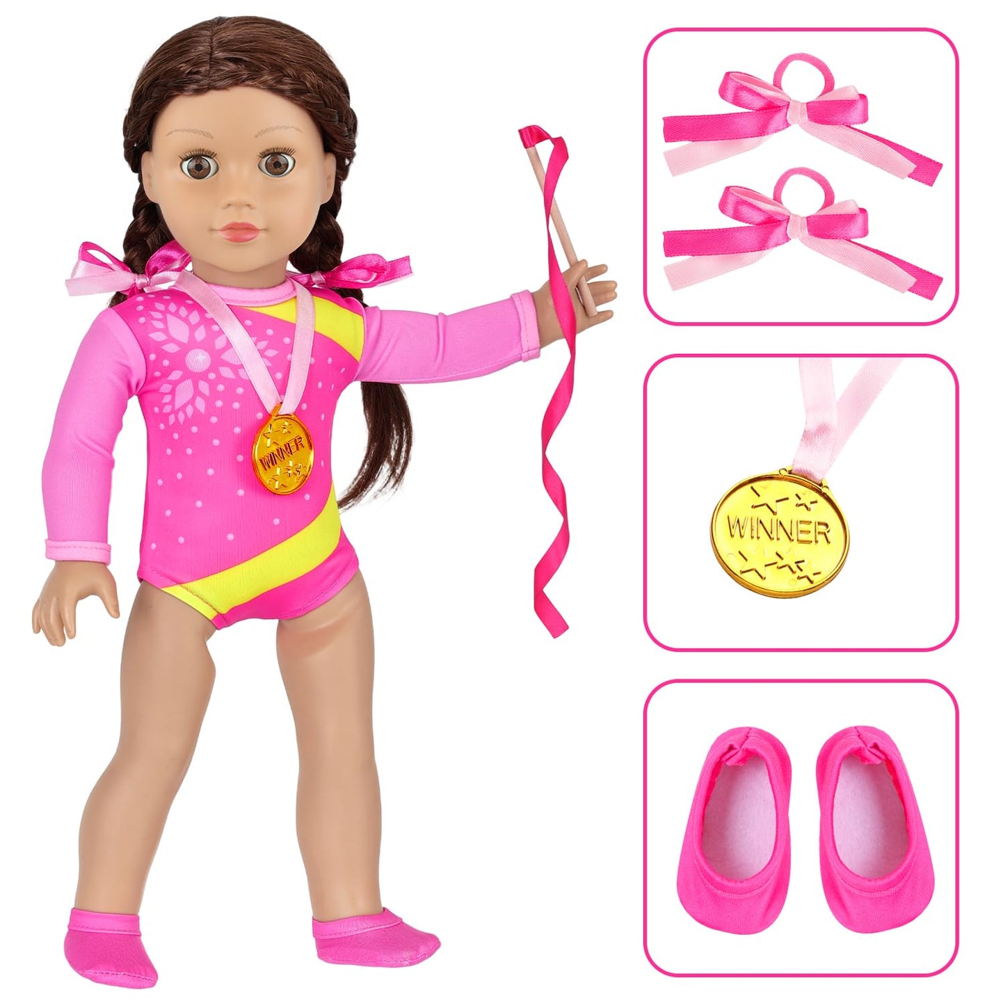 Ecore Fun 18 Inch Doll Gymnastics Outfit Set – 8 Pcs Clothes & Accessories