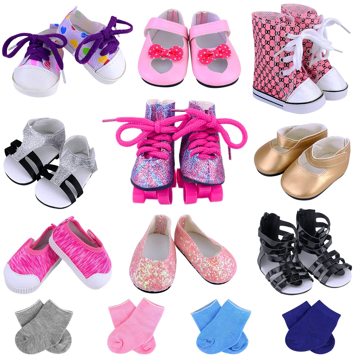 Ecore Fun 18-Inch Doll Shoes & Socks Kit — 9 Shoes + 4 Random Color Socks (Dolls Not Included)