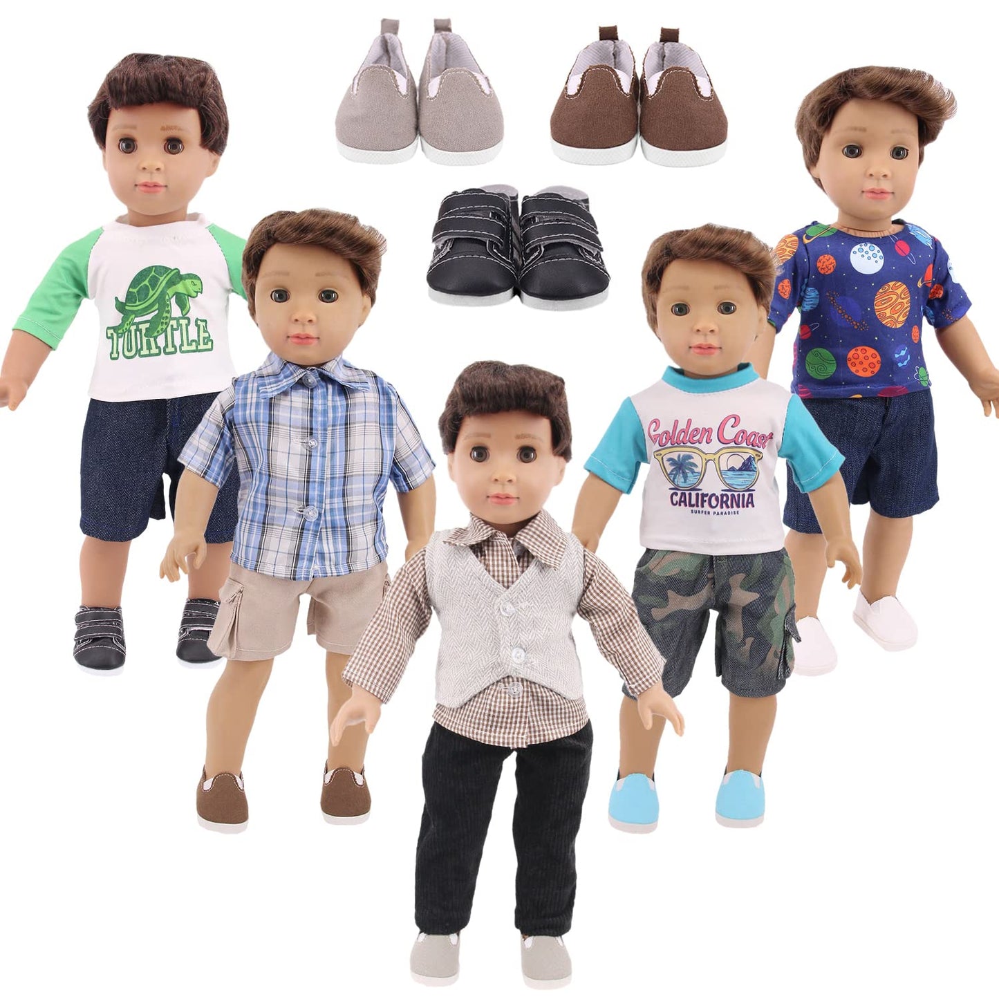 Ecore Fun 5 Sets Boy Doll Clothes + 3 Shoes for 18-Inch Dolls | Safe, Imaginative Dress-Up Gift