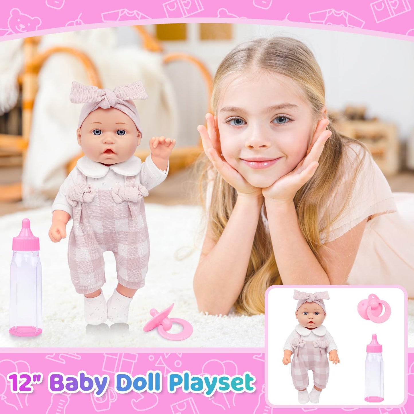 Ecore Fun 12 Inch Baby Doll Playset – 6-Piece Outfit & Accessories (Pink Romper, Headband, Socks, Pacifier, Bottle) | Gift Ready