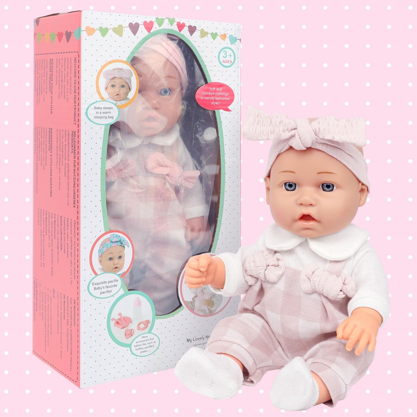 Ecore Fun 12 Inch Baby Doll Playset – 6-Piece Outfit & Accessories (Pink Romper, Headband, Socks, Pacifier, Bottle) | Gift Ready