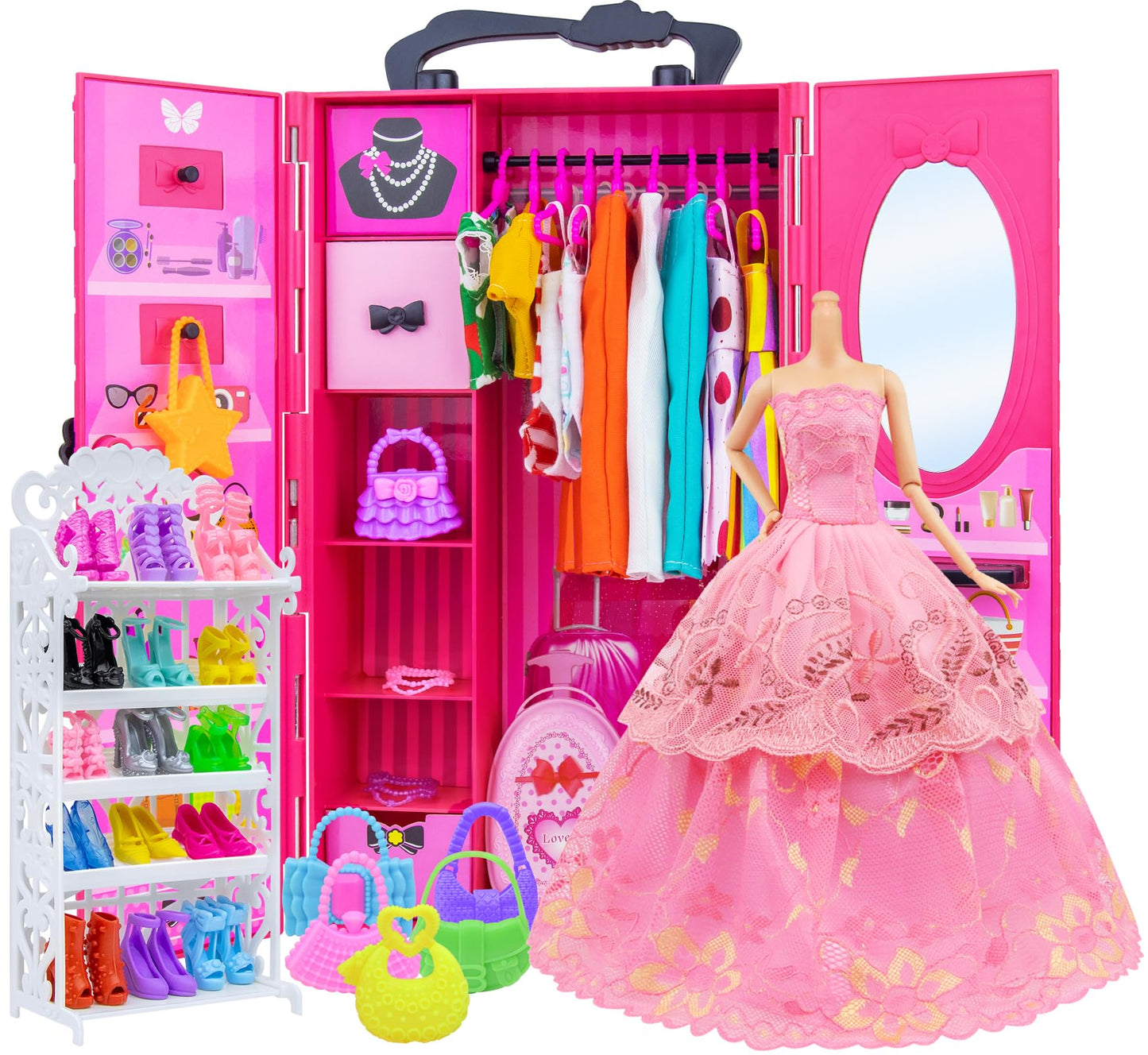 Ecore Fun Fashion Doll Closet Wardrobe – 102-Piece Outfit & Accessory Set for 11.5-Inch Dolls
