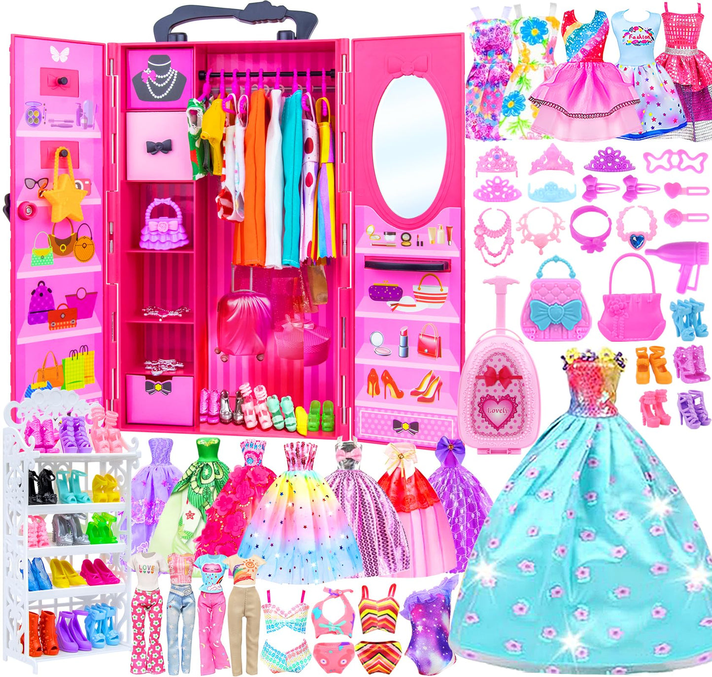 Ecore Fun Fashion Doll Closet Wardrobe – 102-Piece Outfit & Accessory Set for 11.5-Inch Dolls