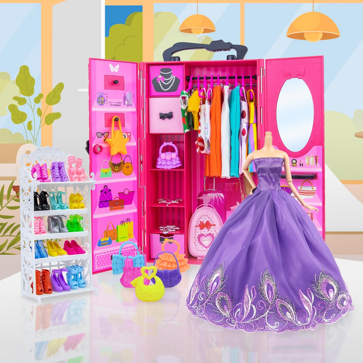 Ecore Fun Fashion Doll Closet Wardrobe – 102-Piece Outfit & Accessory Set for 11.5-Inch Dolls