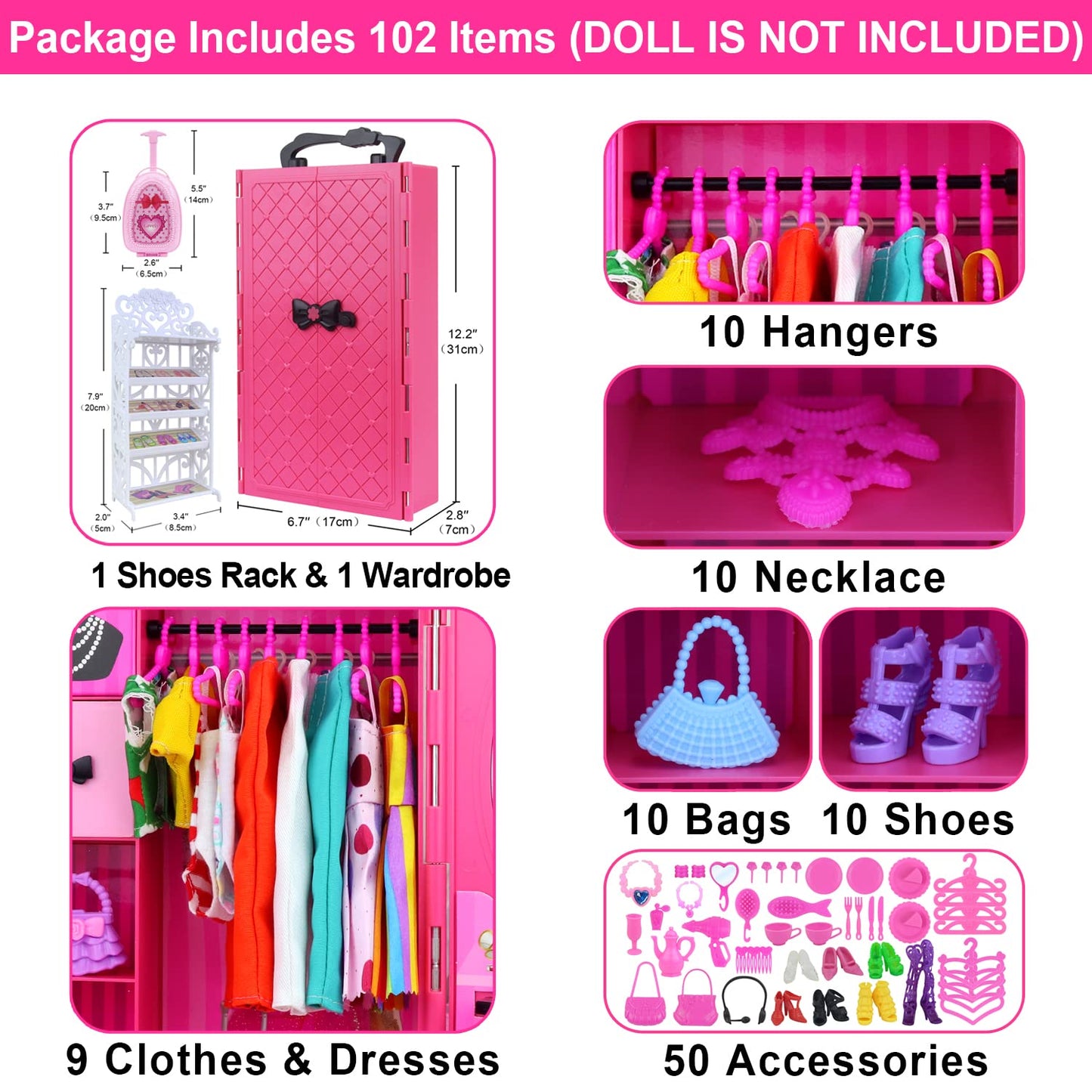 Ecore Fun Fashion Doll Closet Wardrobe – 102-Piece Outfit & Accessory Set for 11.5-Inch Dolls