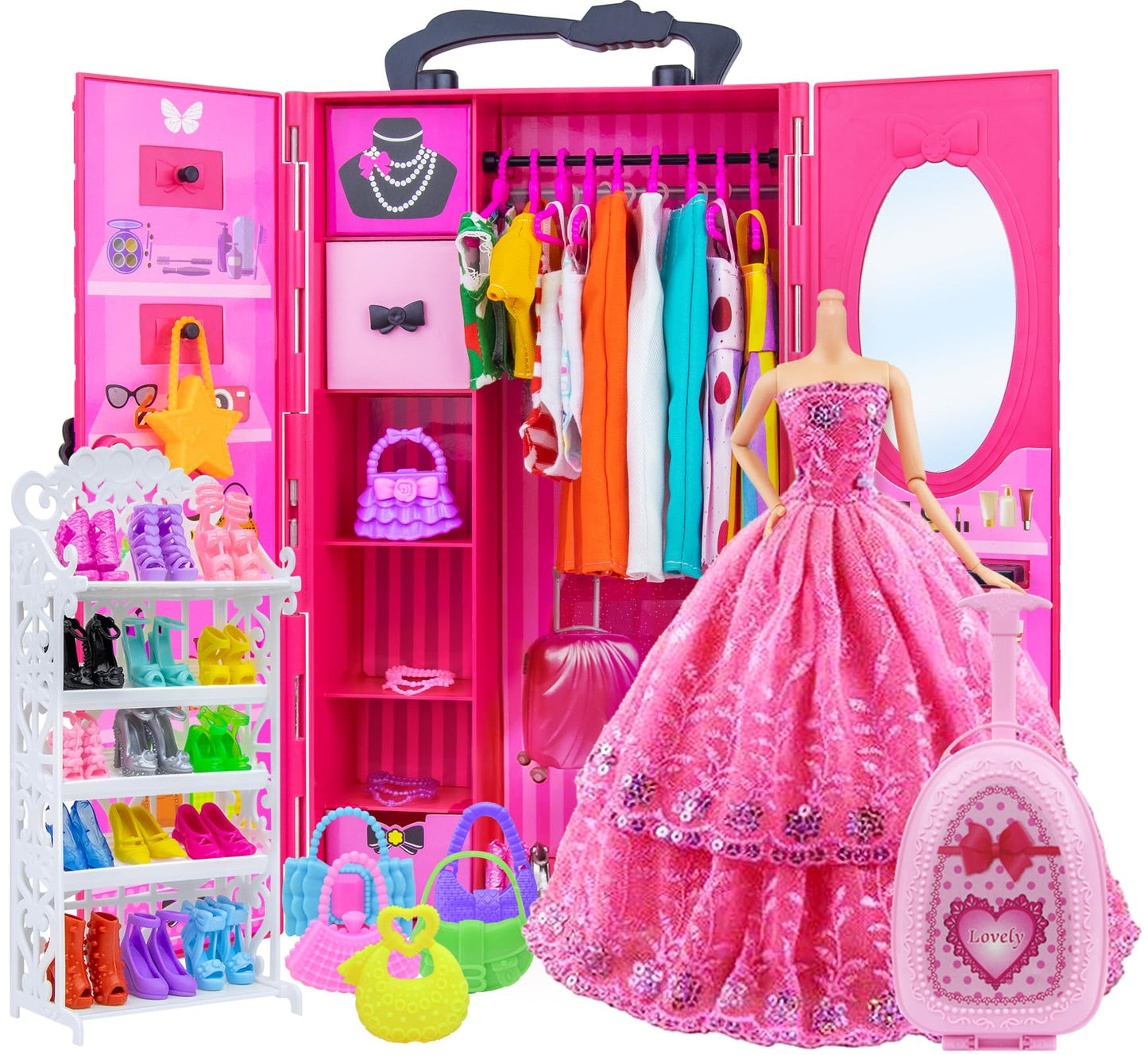 Ecore Fun Fashion Doll Closet Wardrobe – 102-Piece Outfit & Accessory Set for 11.5-Inch Dolls