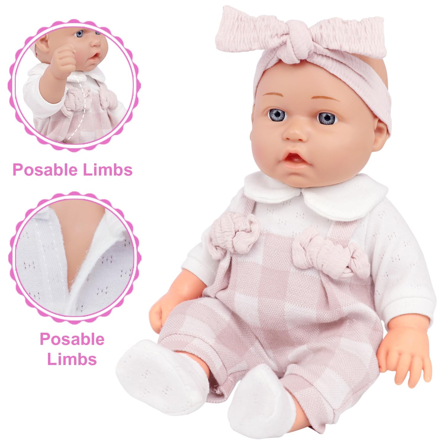 Ecore Fun 12 Inch Baby Doll Playset – 6-Piece Outfit & Accessories (Pink Romper, Headband, Socks, Pacifier, Bottle) | Gift Ready