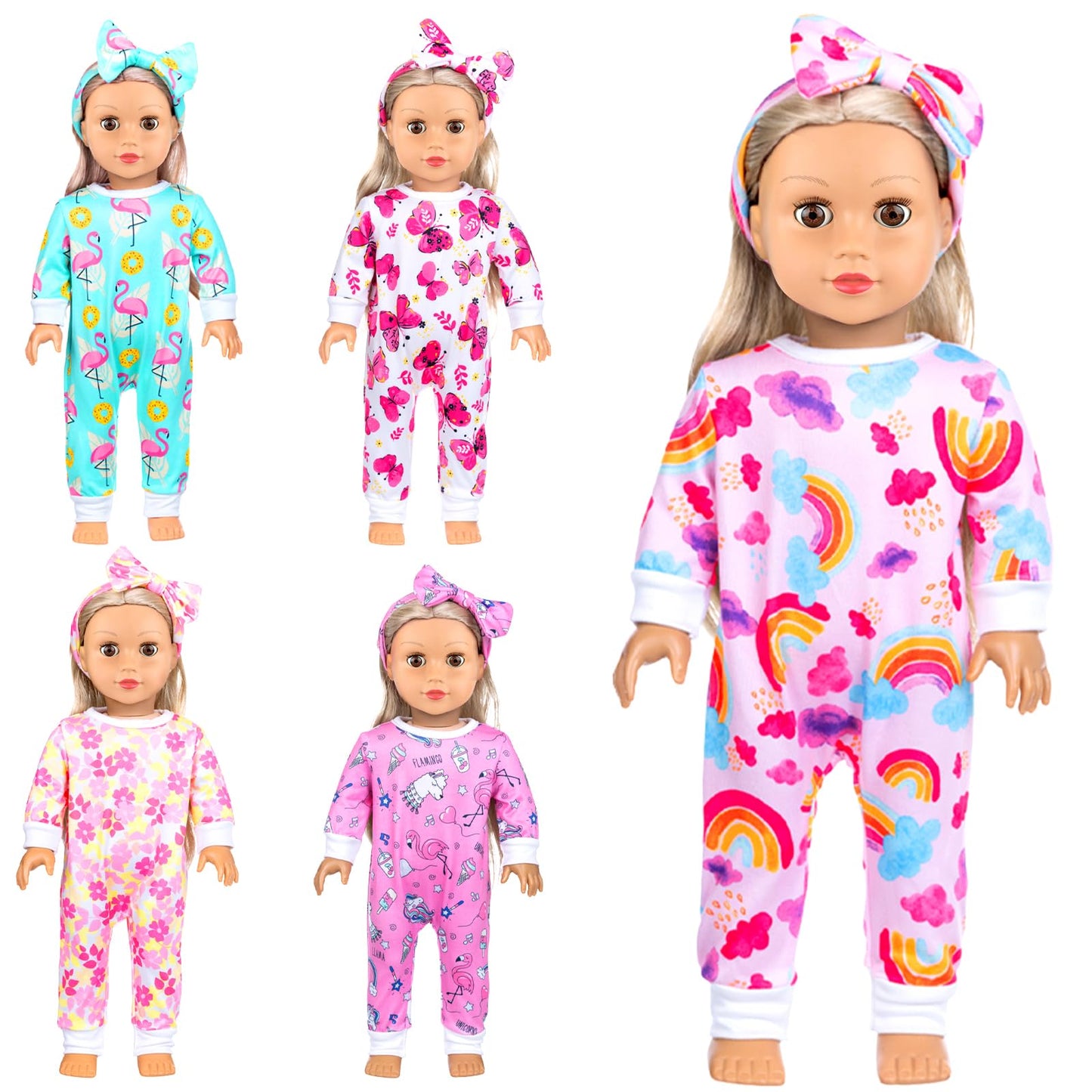 Ecore Fun 5 Sets Doll Clothes & Headbands for 14-18 Inch Dolls | 10-Piece Jumpsuit & Accessories