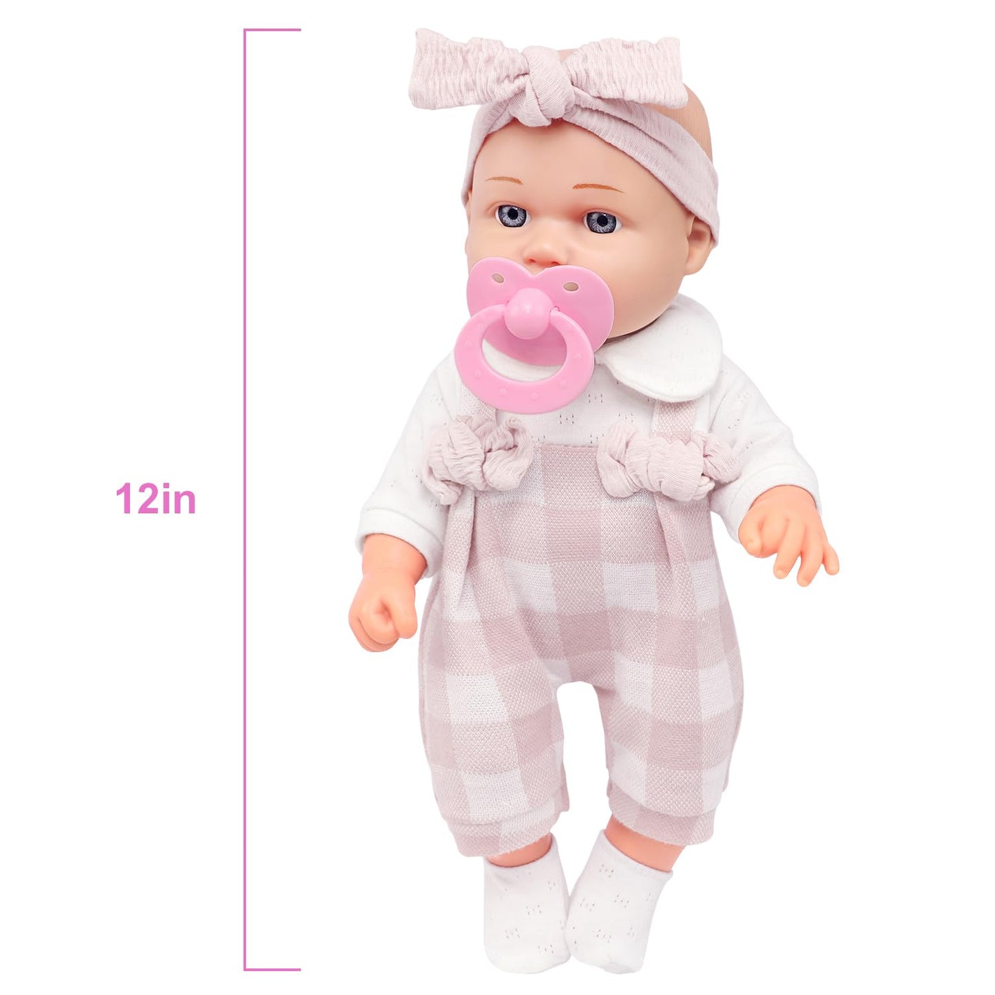 Ecore Fun 12 Inch Baby Doll Playset – 6-Piece Outfit & Accessories (Pink Romper, Headband, Socks, Pacifier, Bottle) | Gift Ready