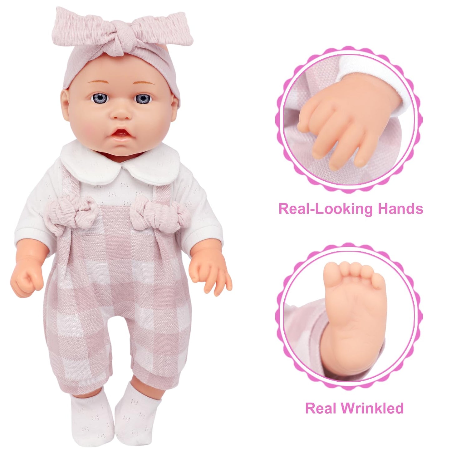 Ecore Fun 12 Inch Baby Doll Playset – 6-Piece Outfit & Accessories (Pink Romper, Headband, Socks, Pacifier, Bottle) | Gift Ready
