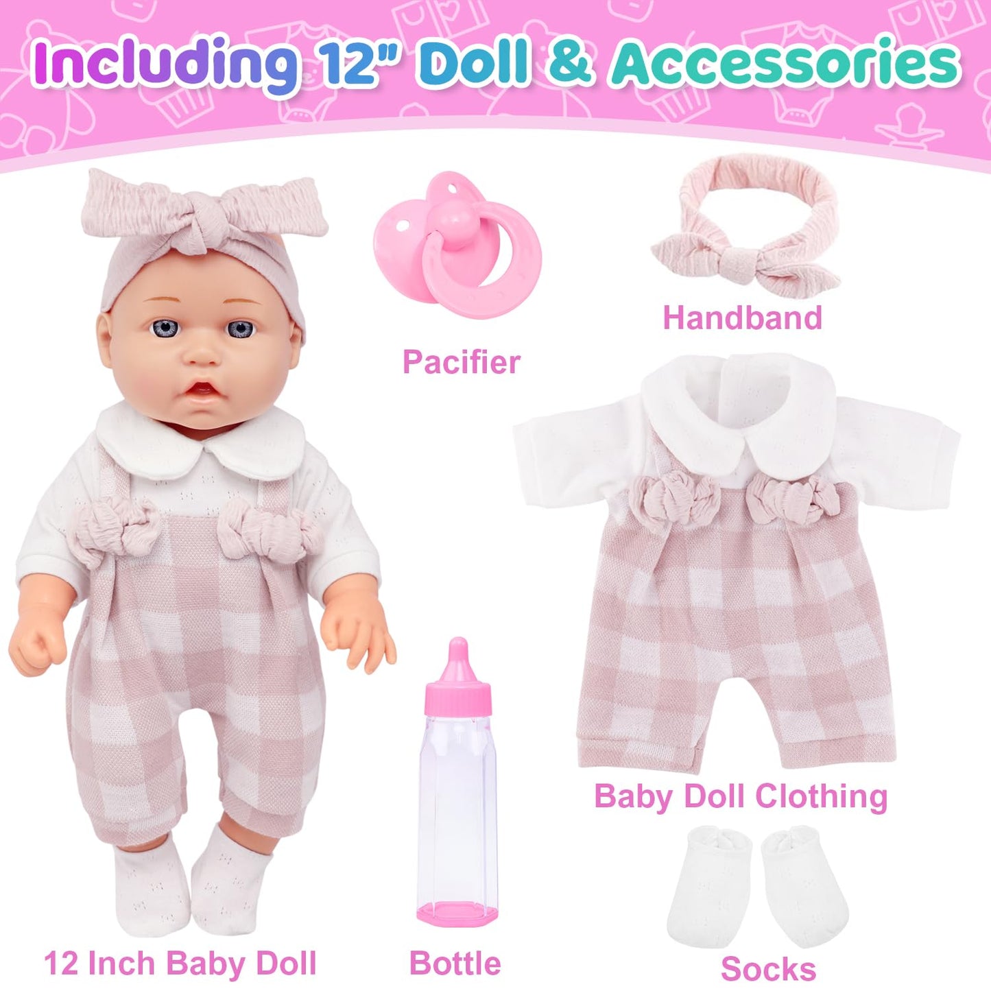 Ecore Fun 12 Inch Baby Doll Playset – 6-Piece Outfit & Accessories (Pink Romper, Headband, Socks, Pacifier, Bottle) | Gift Ready