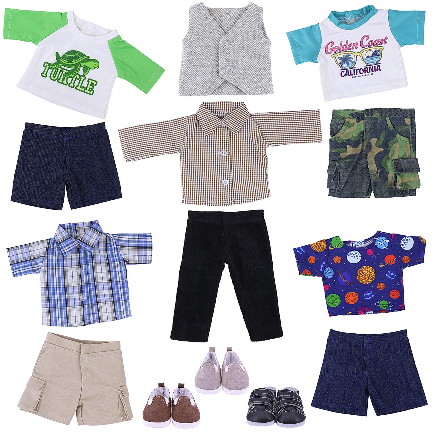 Ecore Fun 5 Sets Boy Doll Clothes + 3 Shoes for 18-Inch Dolls | Safe, Imaginative Dress-Up Gift