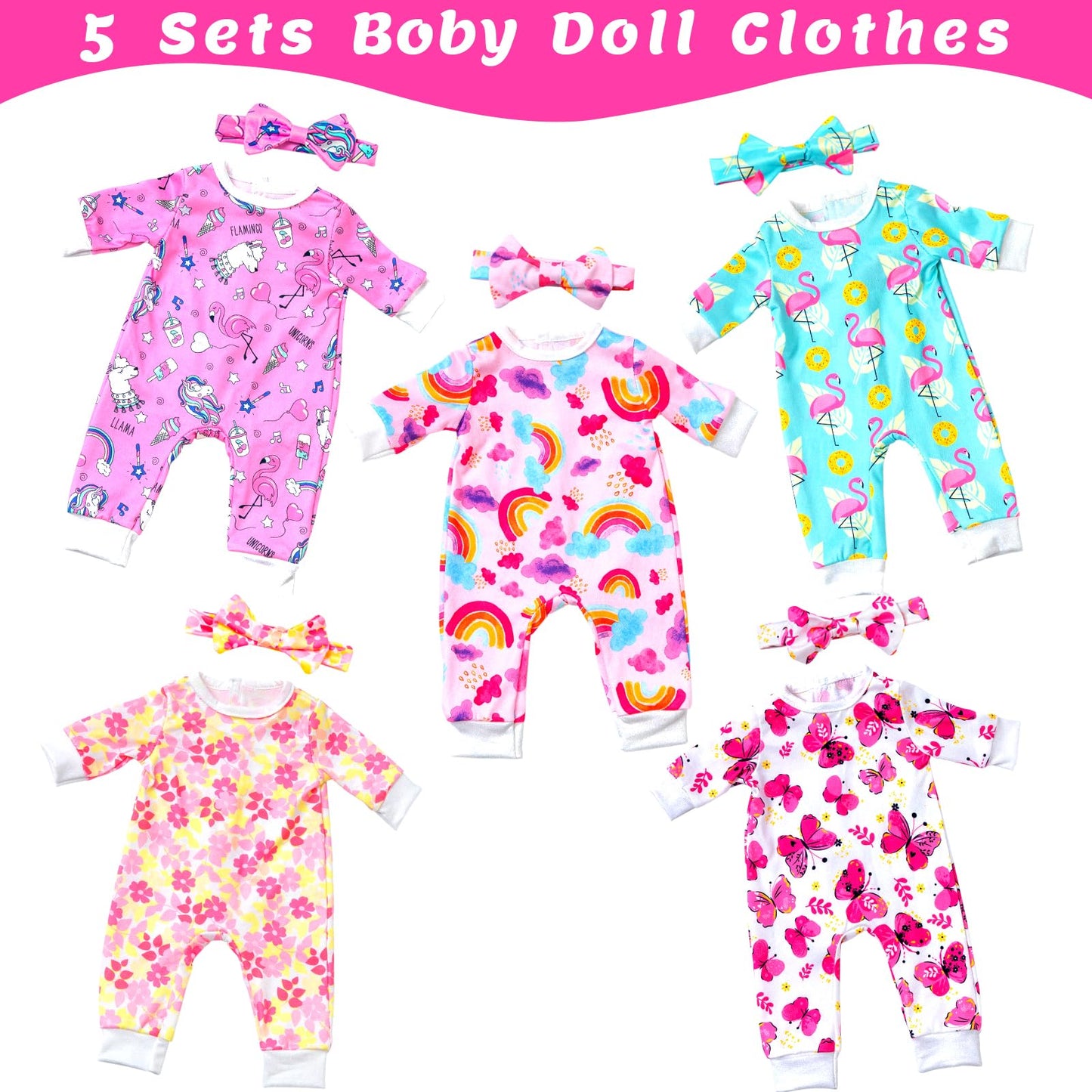 Ecore Fun 5 Sets Doll Clothes & Headbands for 14-18 Inch Dolls | 10-Piece Jumpsuit & Accessories