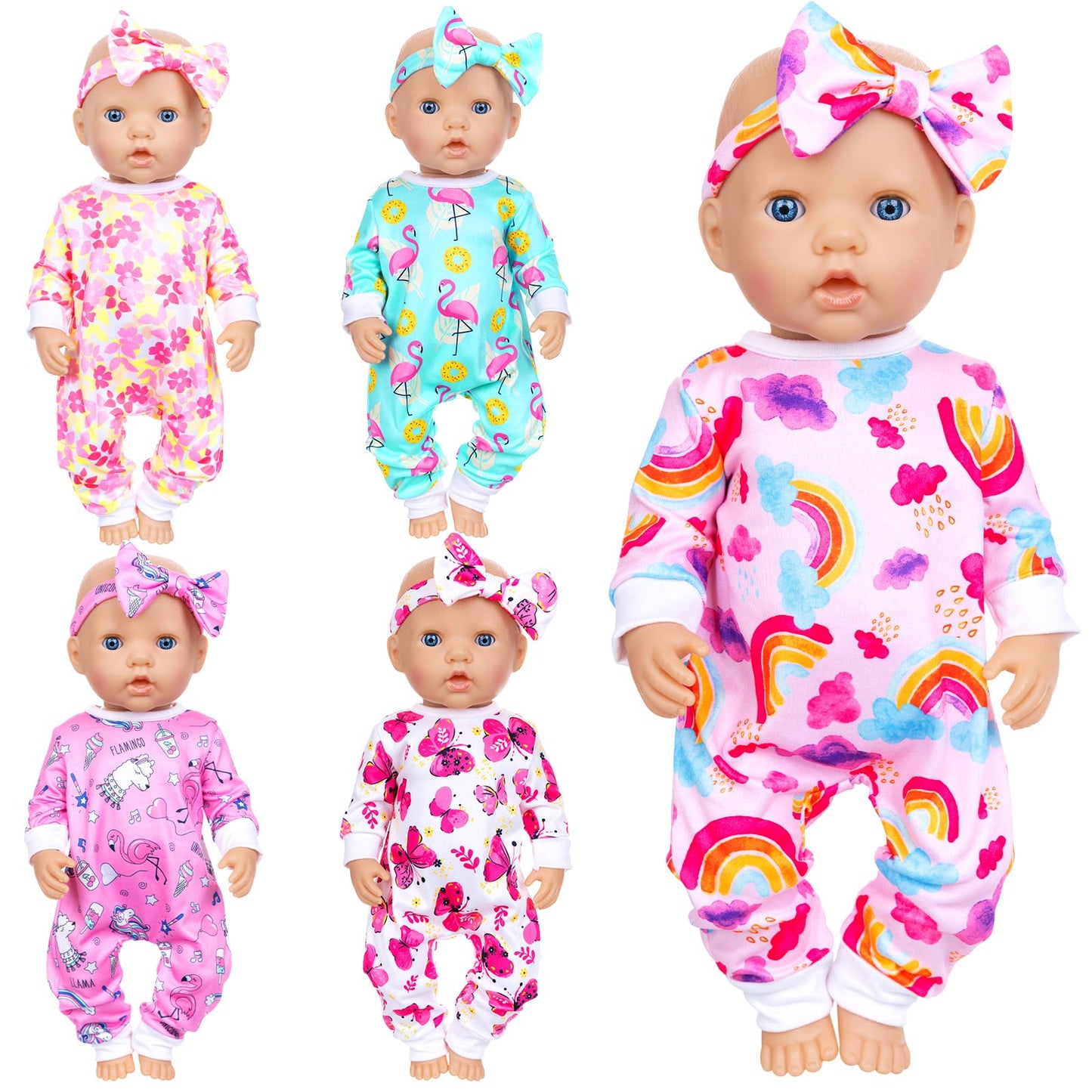 Ecore Fun 5 Sets Doll Clothes & Headbands for 14-18 Inch Dolls | 10-Piece Jumpsuit & Accessories