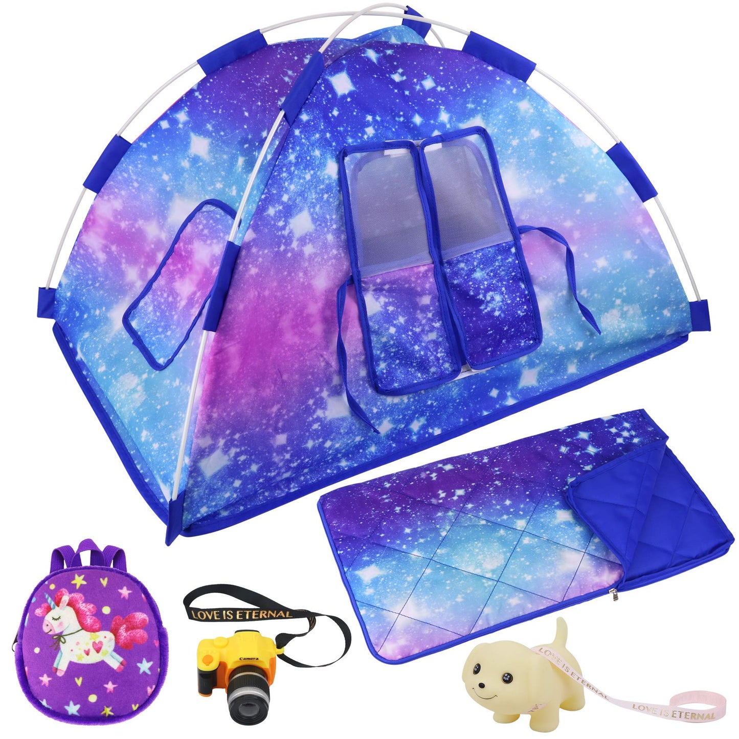 Ecore Fun 5‑Item 18-Inch Doll Camping Tent Set with Tent, Sleeping Bag, Backpack, Toy Camera & Dog