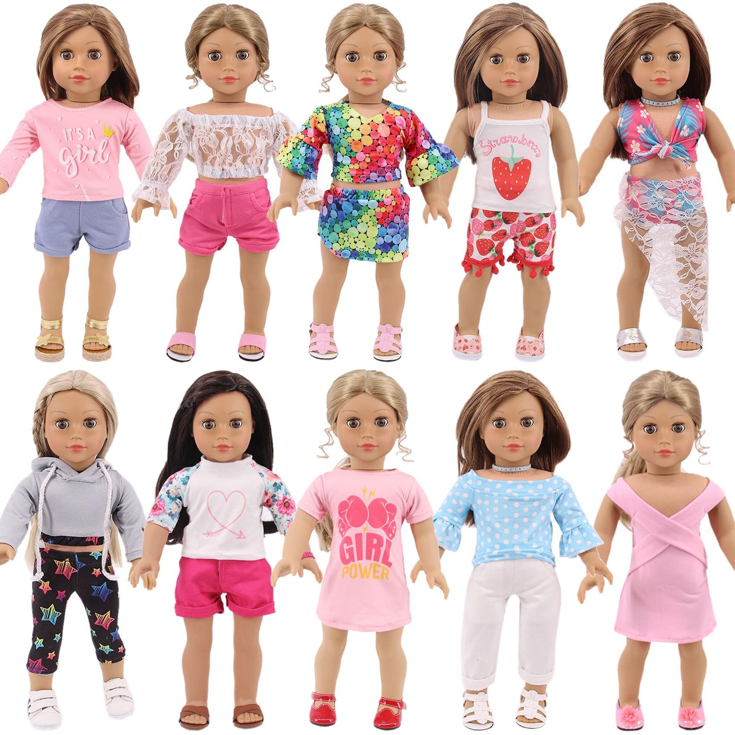 Ecore Fun 18-Inch Doll Clothes Set – 10 Outfits for 18-Inch Dolls (Dress, Tops, Shorts, Swimsuits)