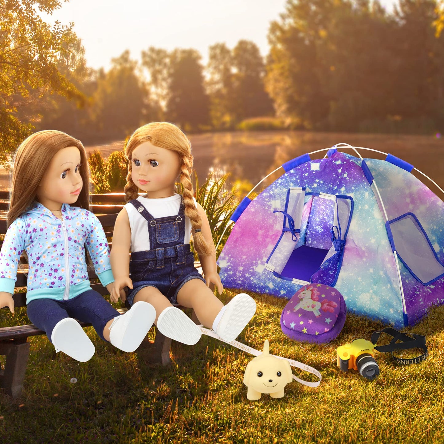 Ecore Fun 5‑Item 18-Inch Doll Camping Tent Set with Tent, Sleeping Bag, Backpack, Toy Camera & Dog
