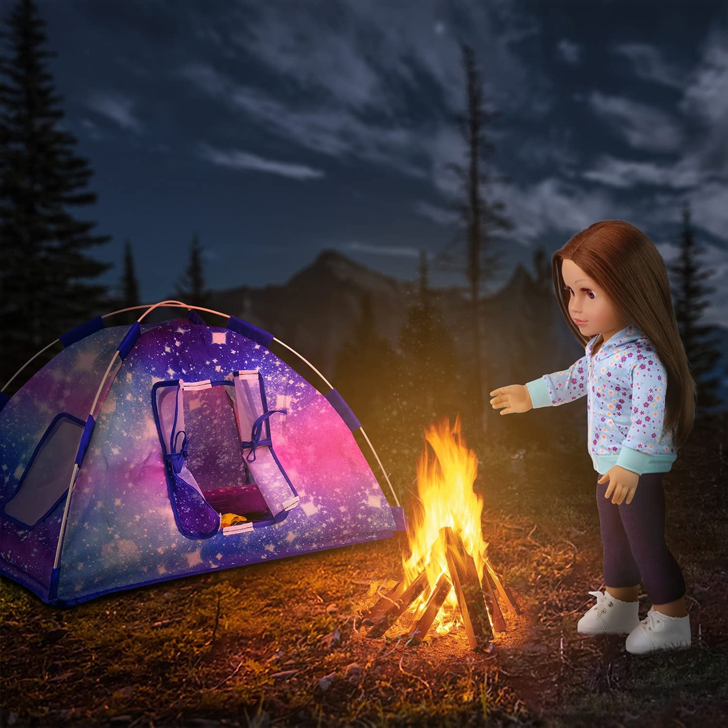 Ecore Fun 5‑Item 18-Inch Doll Camping Tent Set with Tent, Sleeping Bag, Backpack, Toy Camera & Dog