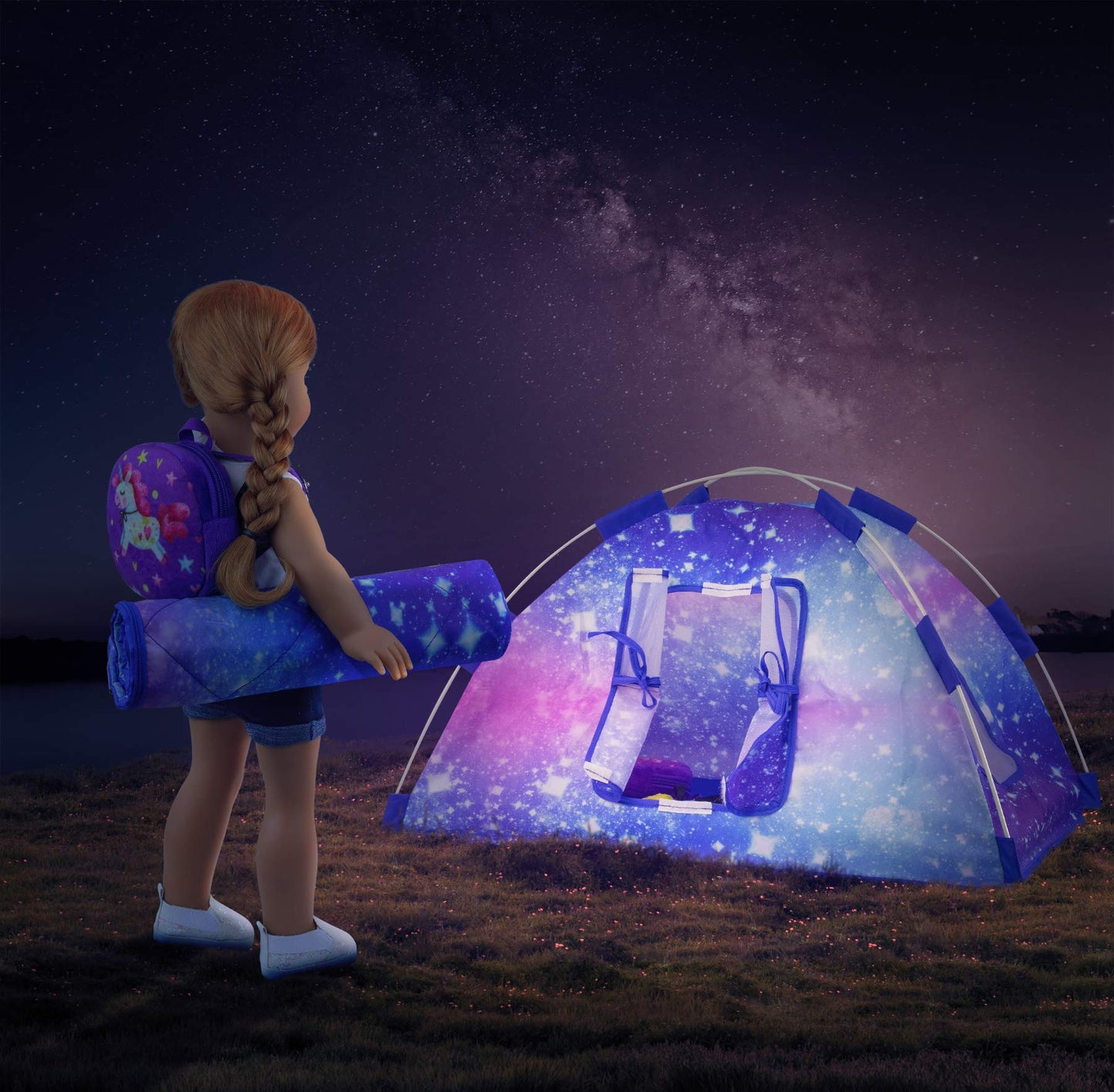 Ecore Fun 5‑Item 18-Inch Doll Camping Tent Set with Tent, Sleeping Bag, Backpack, Toy Camera & Dog